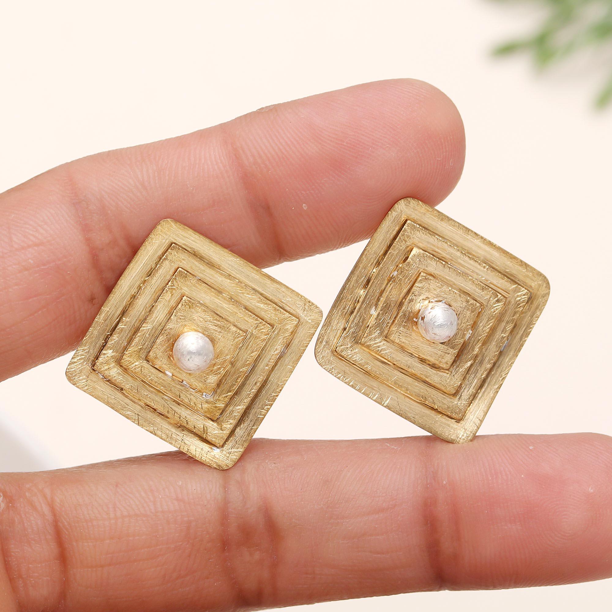 Brass Square Pearl Stud Earrings