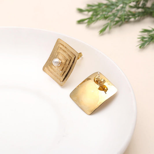 Antitarnish Brass Square Pearl Stud Earrings