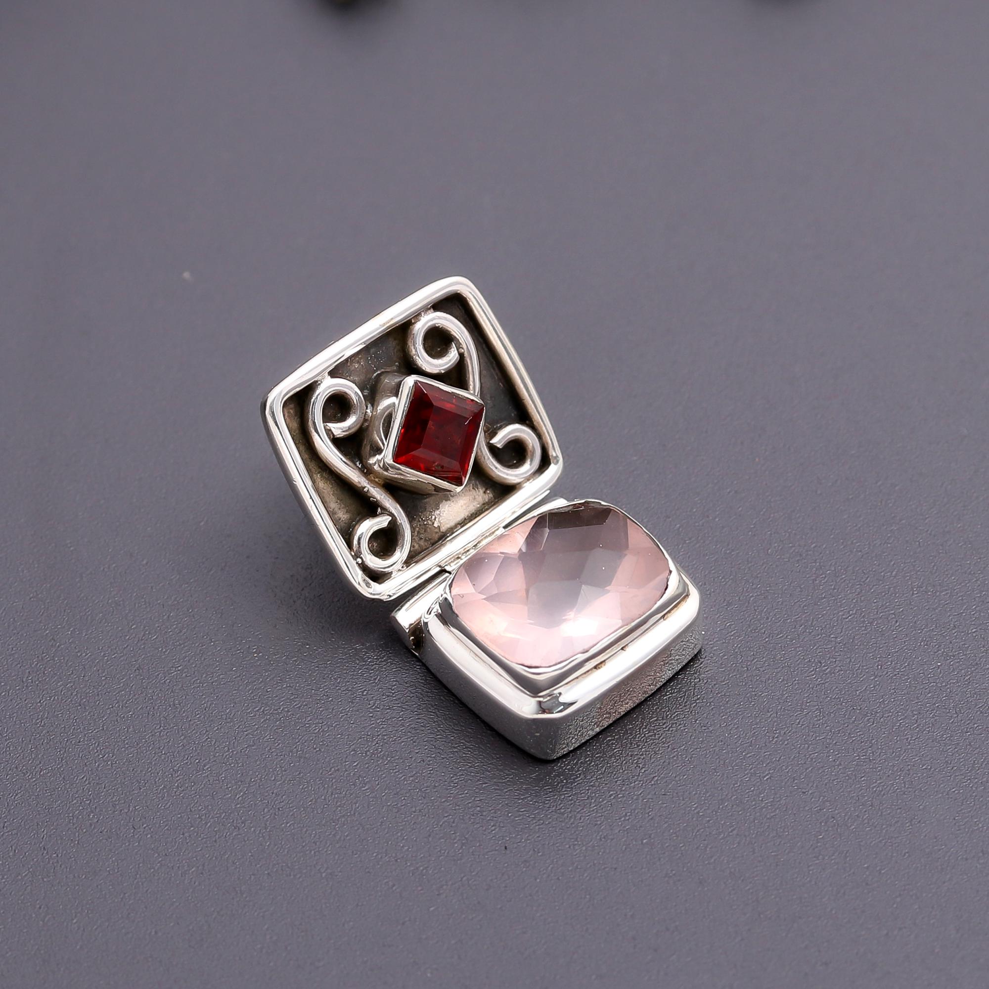 925 Silver Rose Quartz and Garnet Locket Pendant