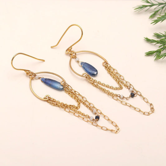 Antitarnish Brass Blue Kyanite Silverite Dangle Earrings