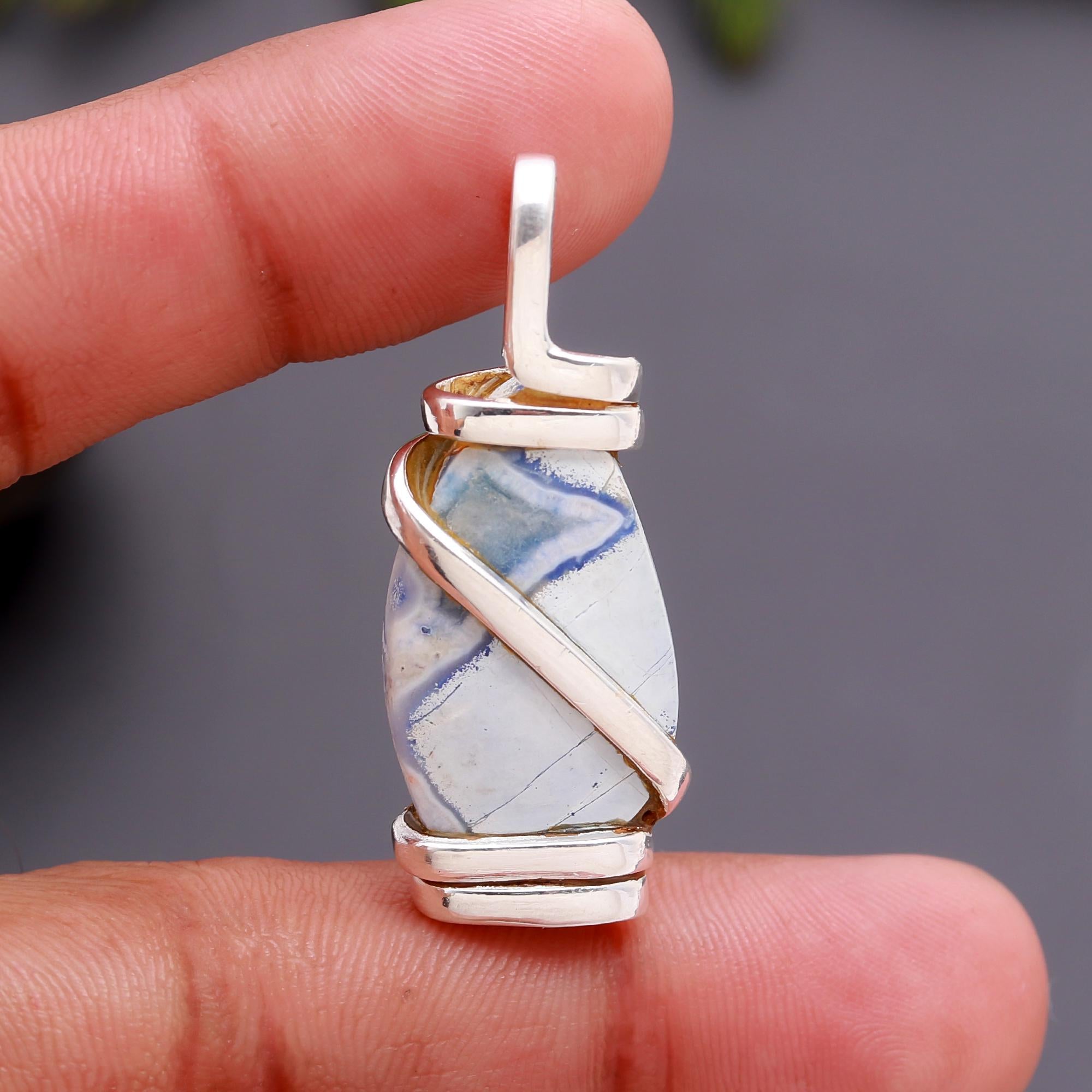 925 Silver Blue Dendritic Agate Pendant