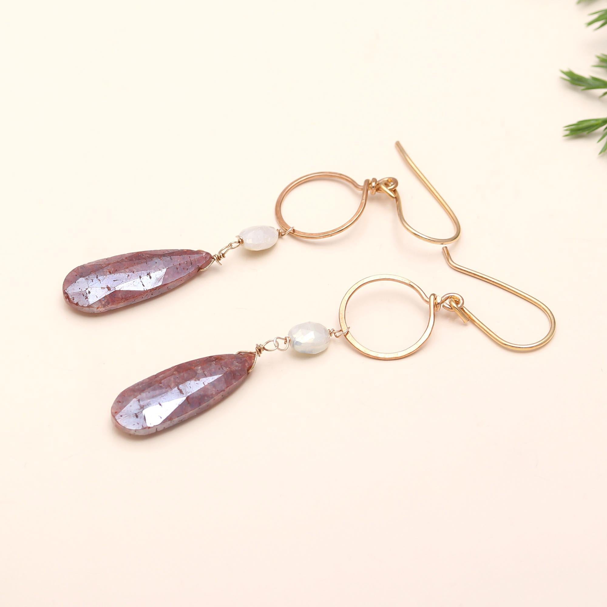 Designer Brass Strawberry Quartz and Silverite Drop Earrings