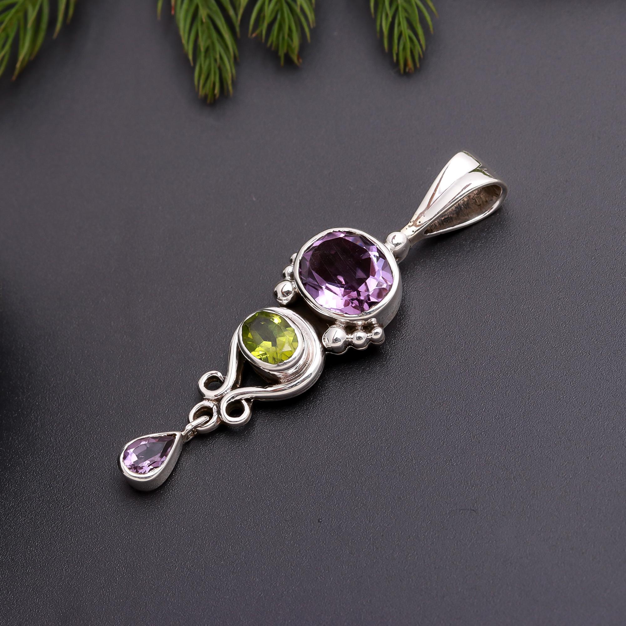 925 Silver Amethyst and Peridot Pendant