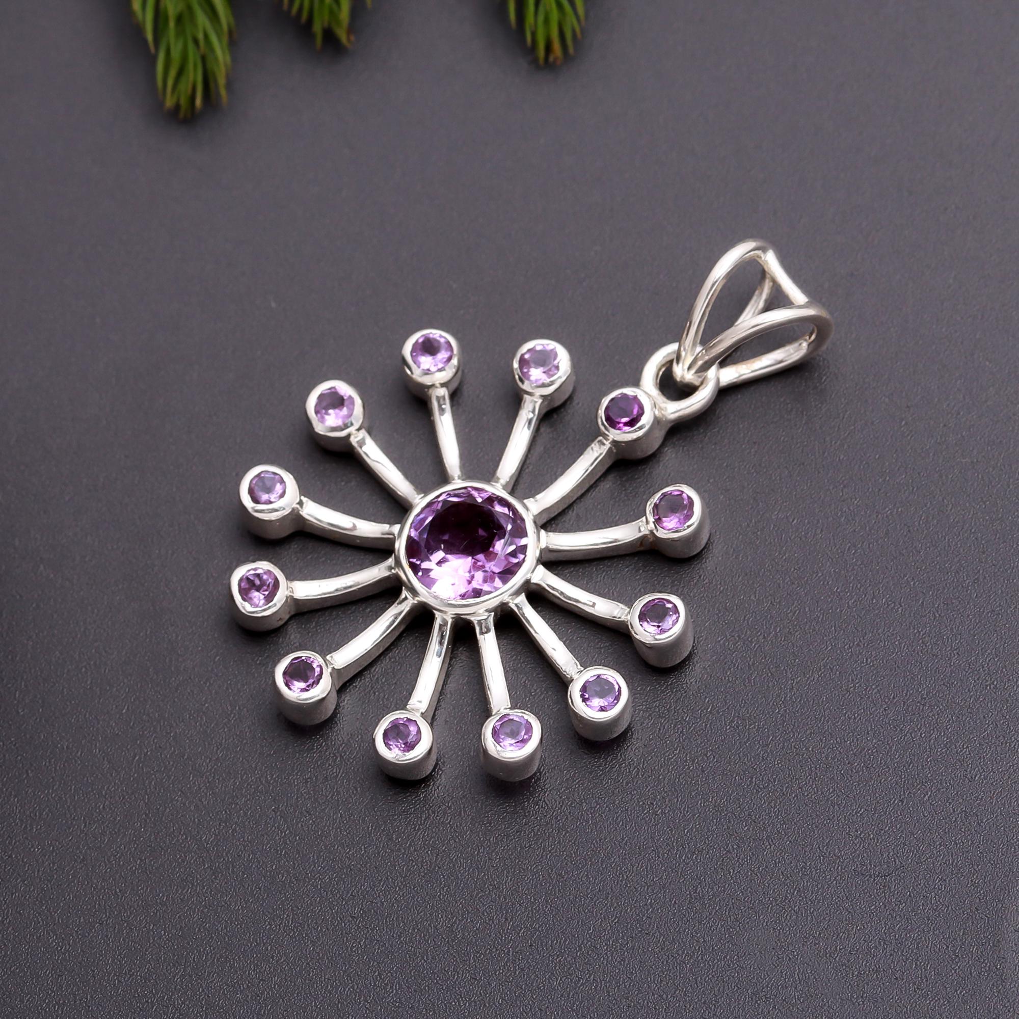 925 Silver Amethyst Sunburst Pendant