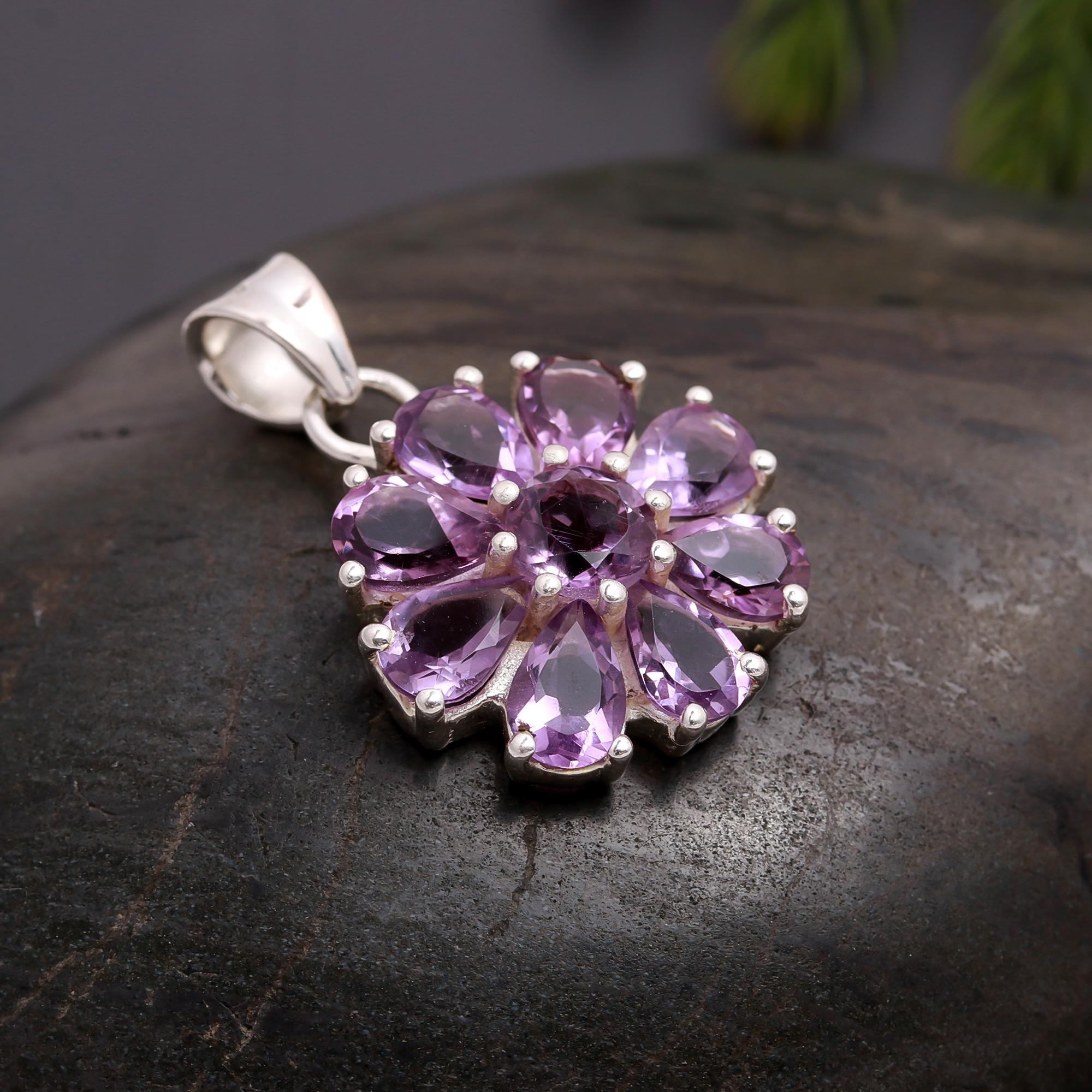 925 Silver Amethyst Floral Pendant