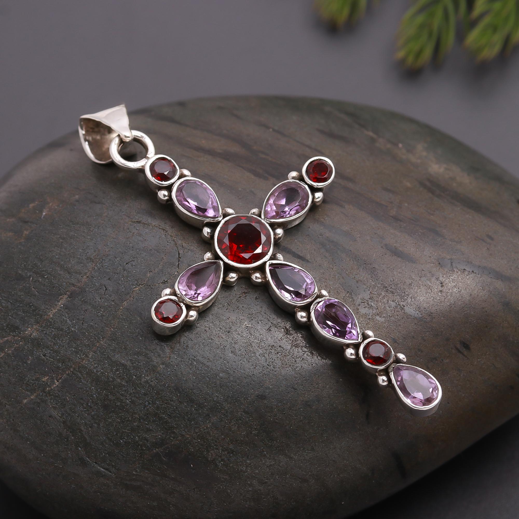 925 Silver Garnet & Amethyst Cross Pendant