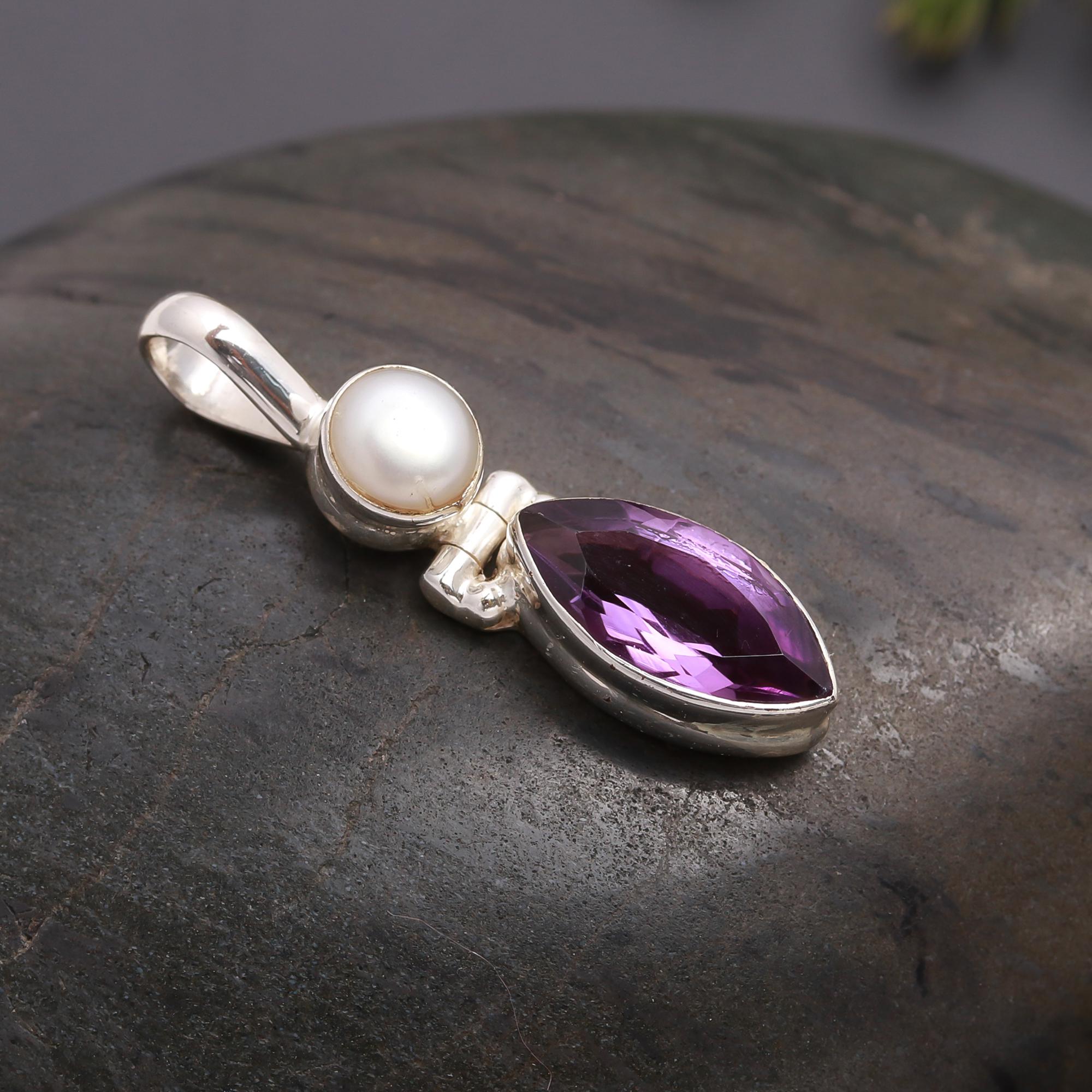 925 Silver Pearl and Amethyst Pendant