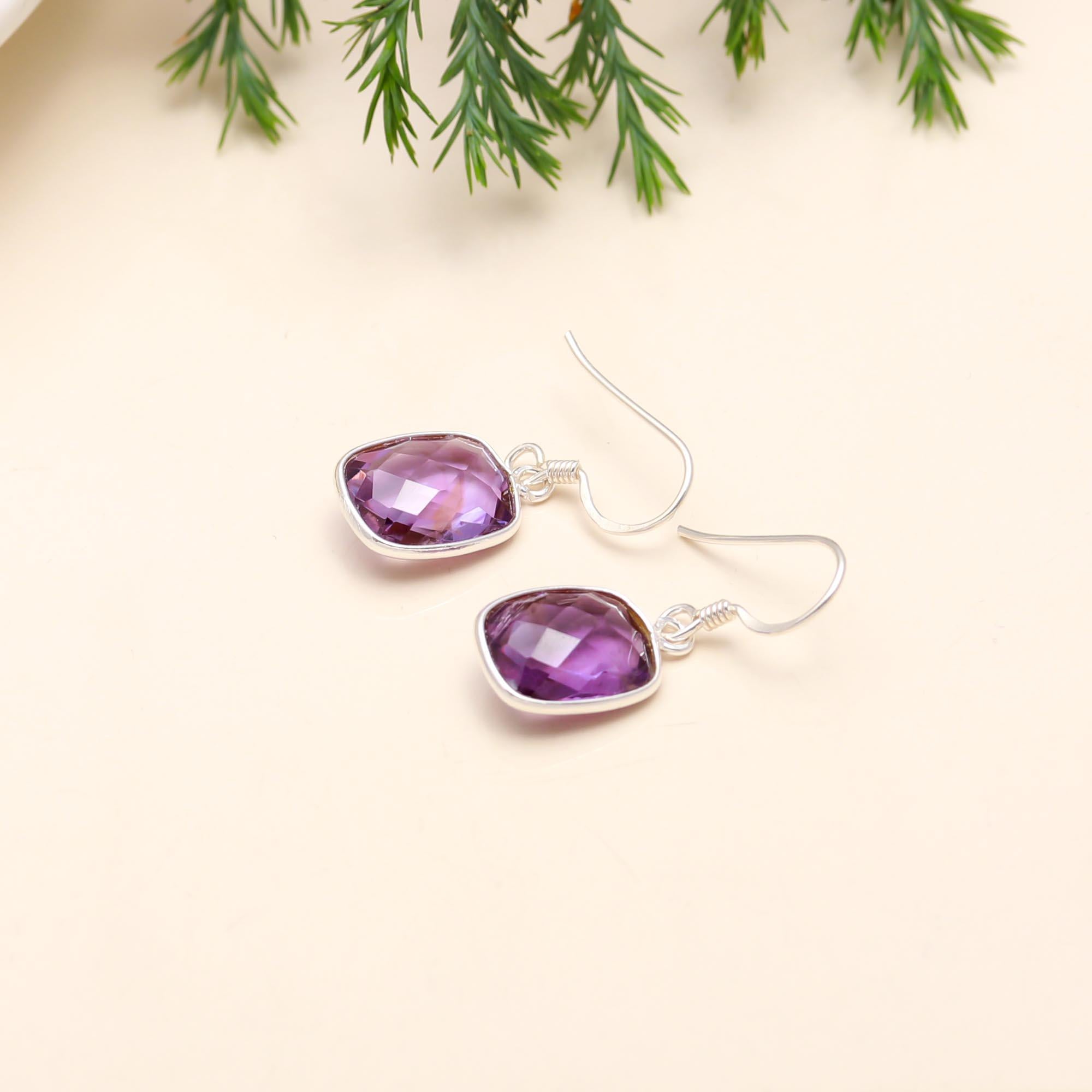 925 Sterling Silver Amethyst Cushion Cut Dangle Earrings