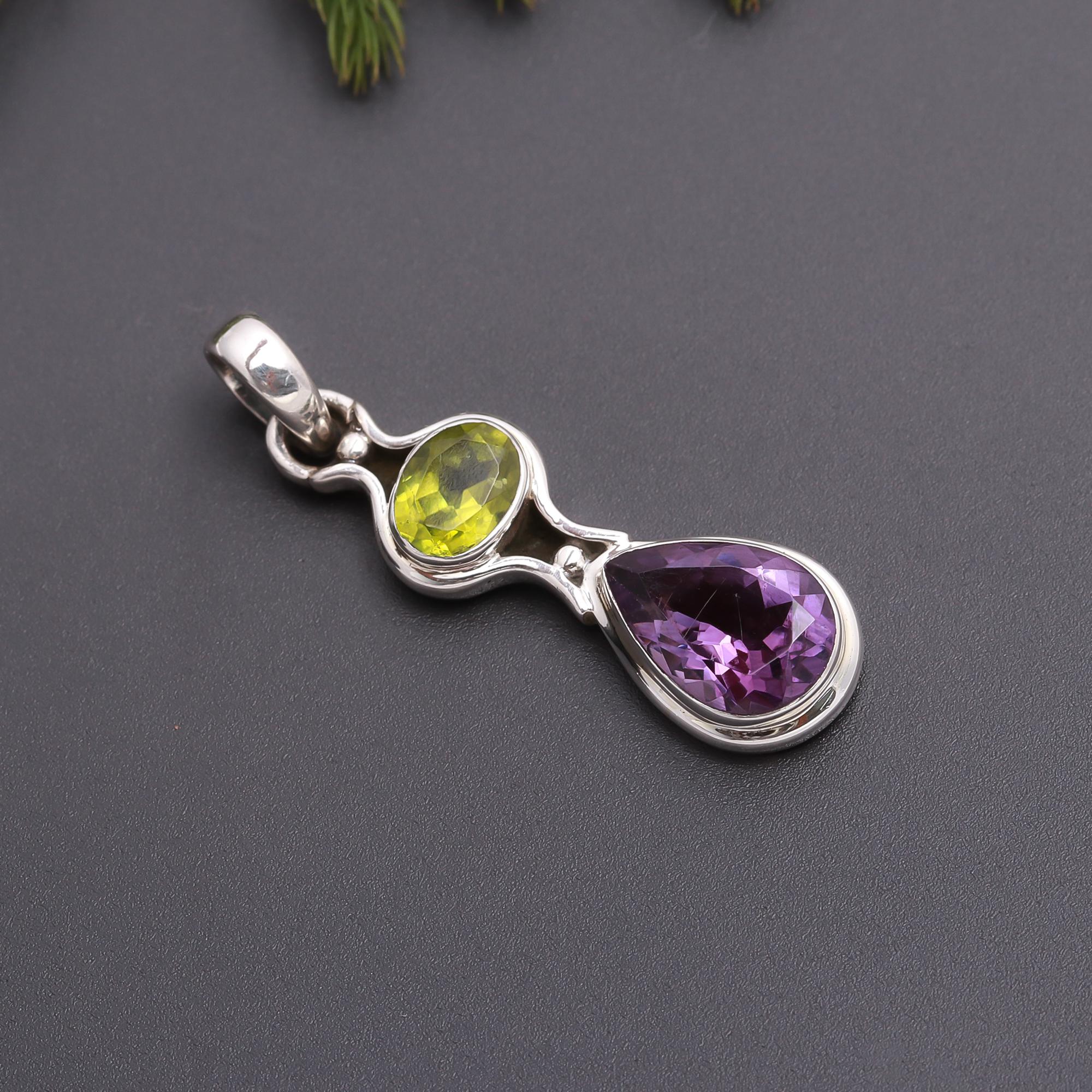 925 Silver Peridot and Amethyst Pendant