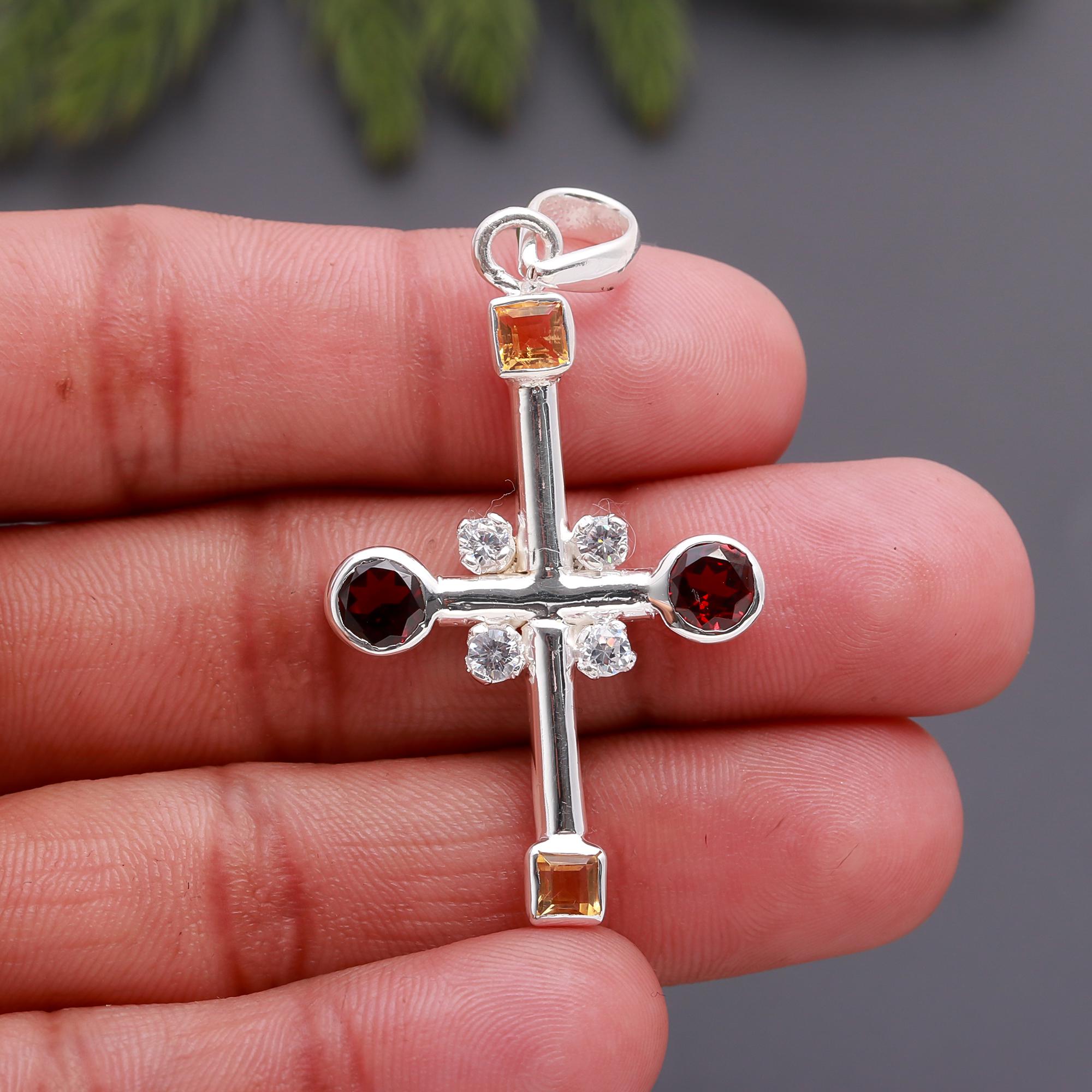 925 Silver Multi-Gemstone Cross Pendant