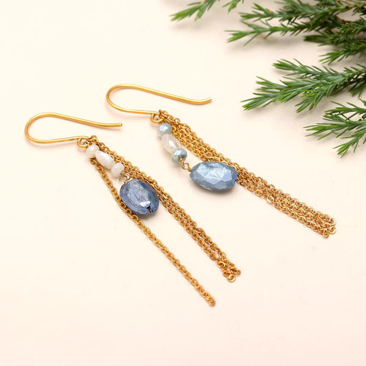 Antitarnish Brass Blue Kyanite Silverite Drop Earrings