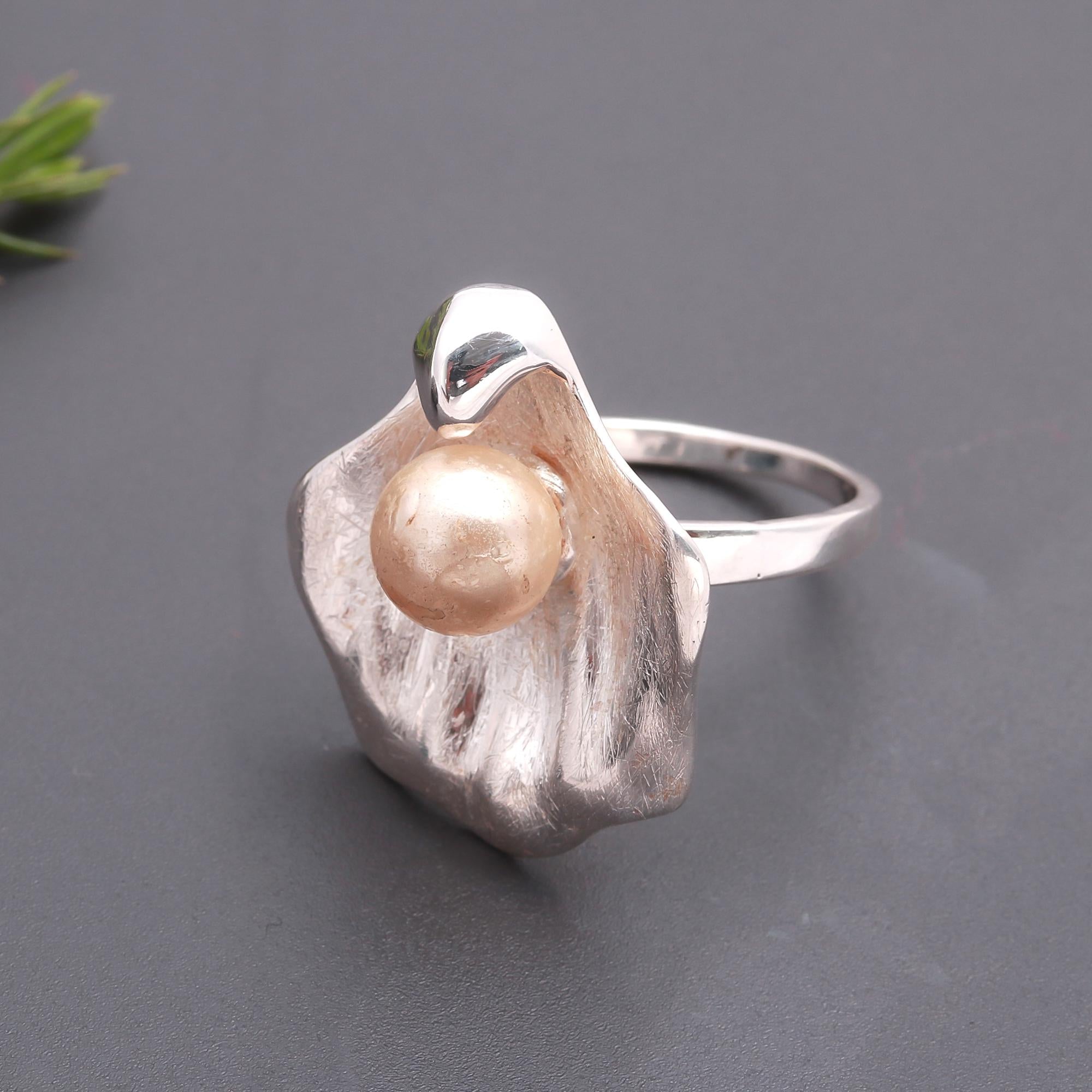 925 Silver Golden Pearl Ring