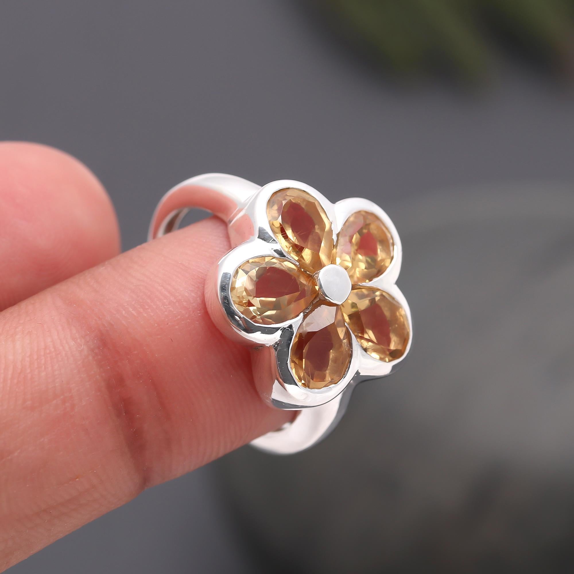 925 Silver Citrine Floral Ring