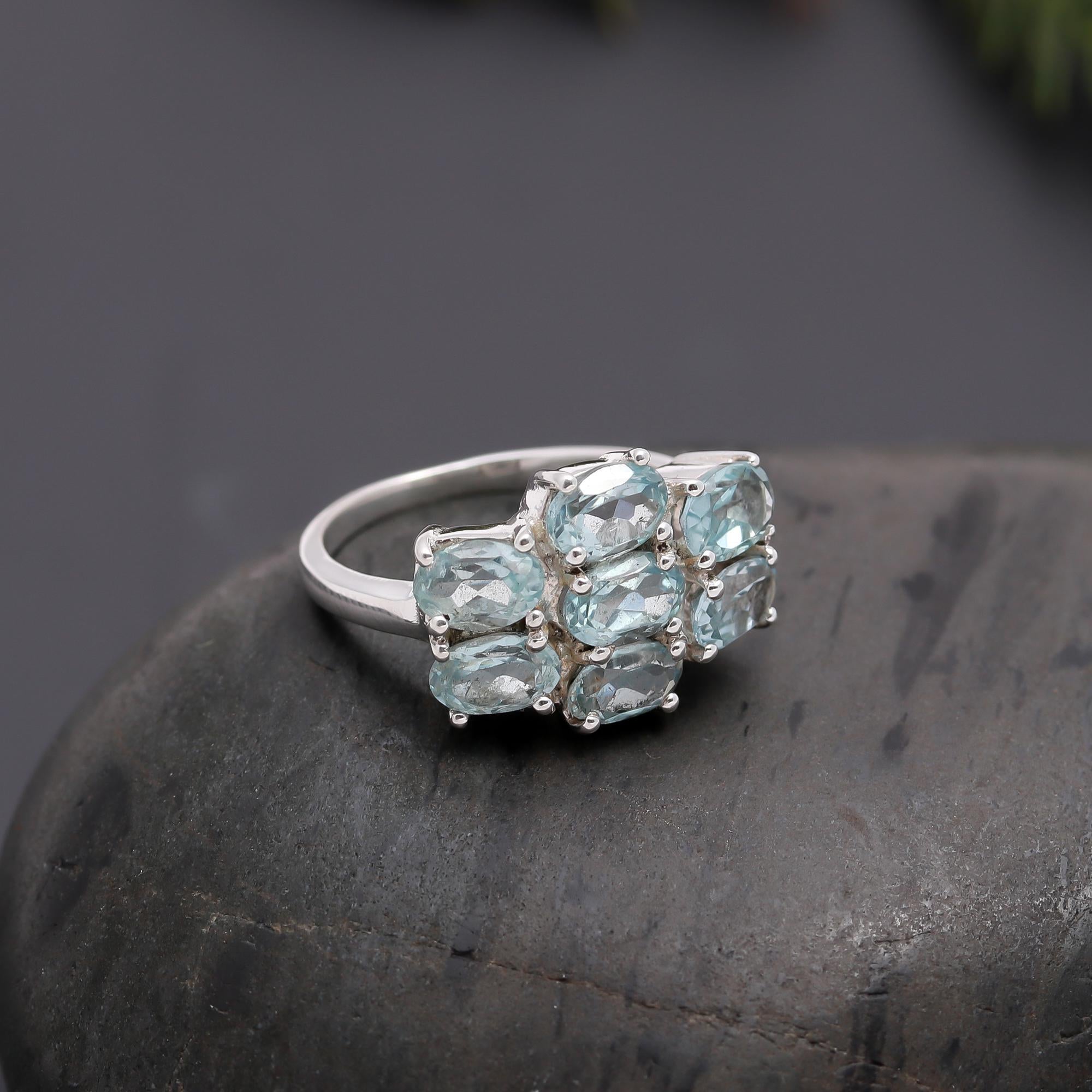 925 Silver Aquamarine Cluster Ring