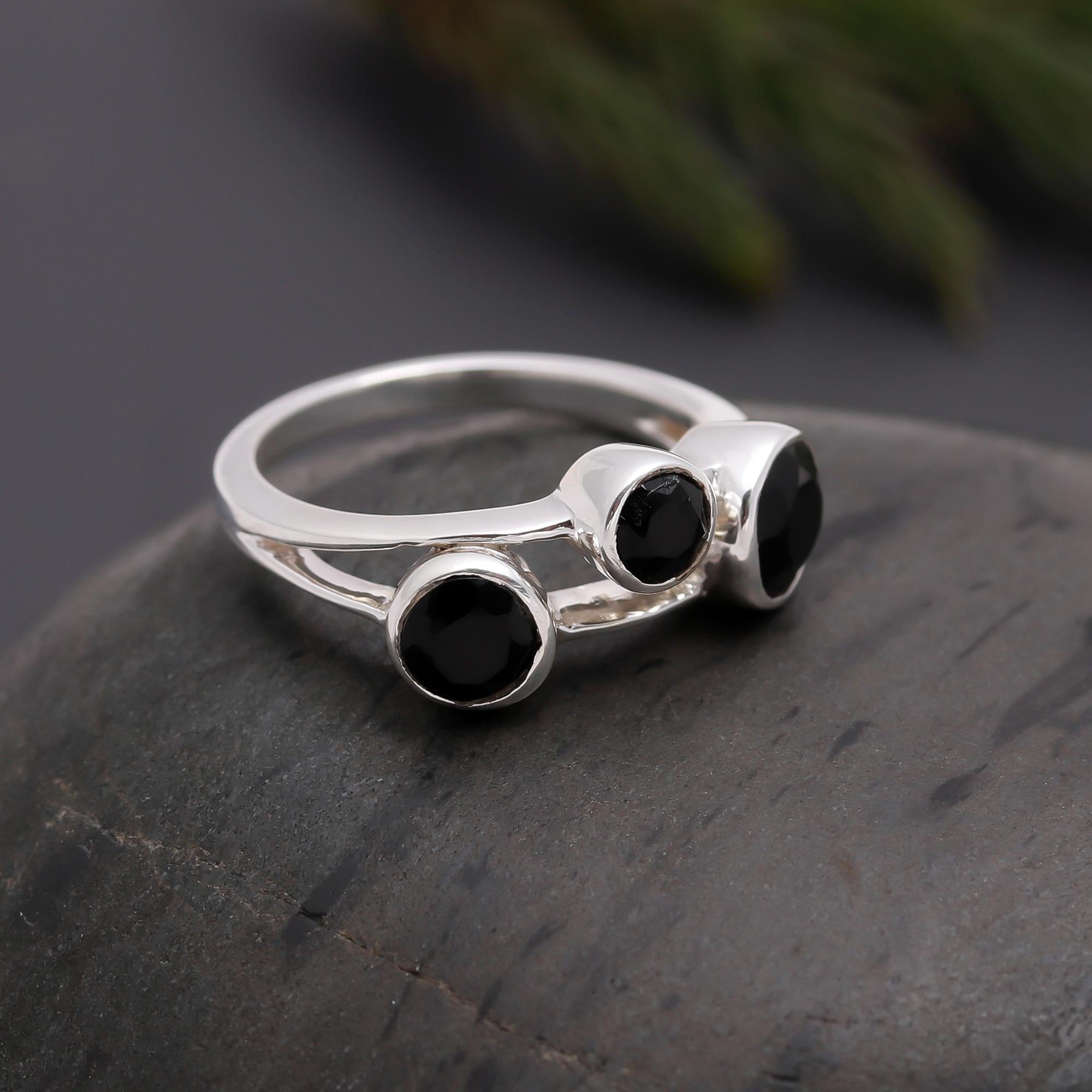 925 Silver Triple Black Onyx Ring