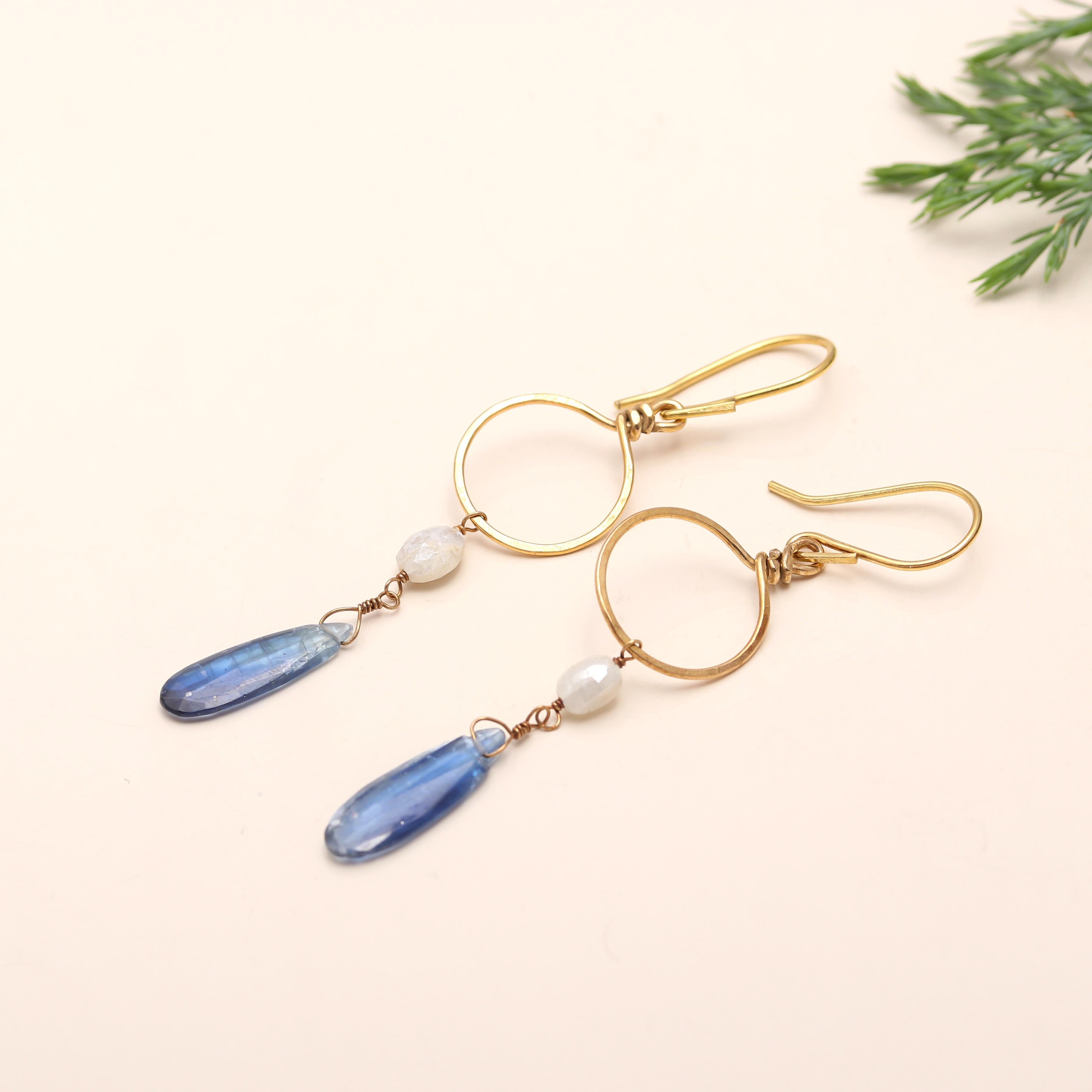 Designer Brass Chain Earrings with Blue Kyanite and Silverite