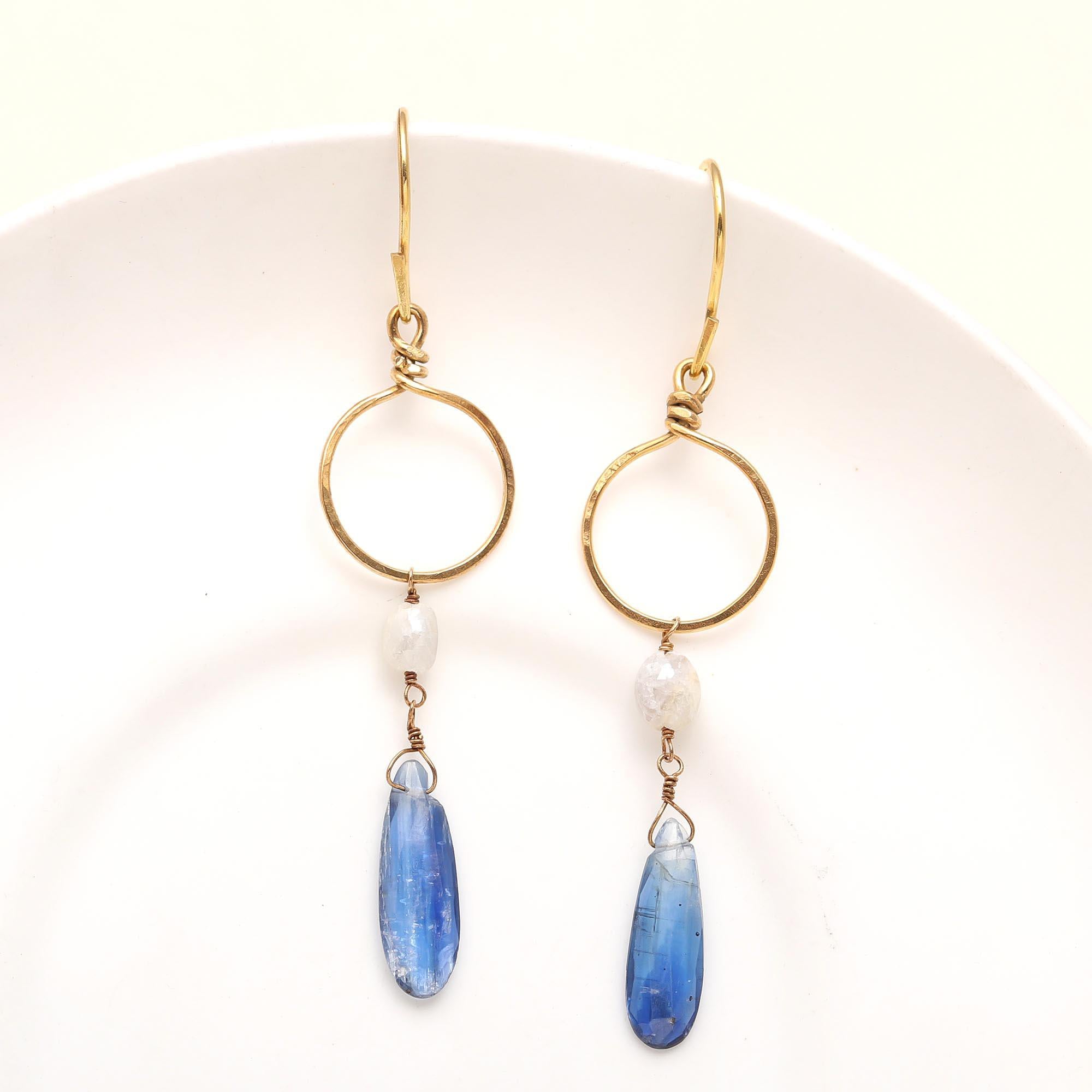 Designer Brass Chain Earrings with Blue Kyanite and Silverite