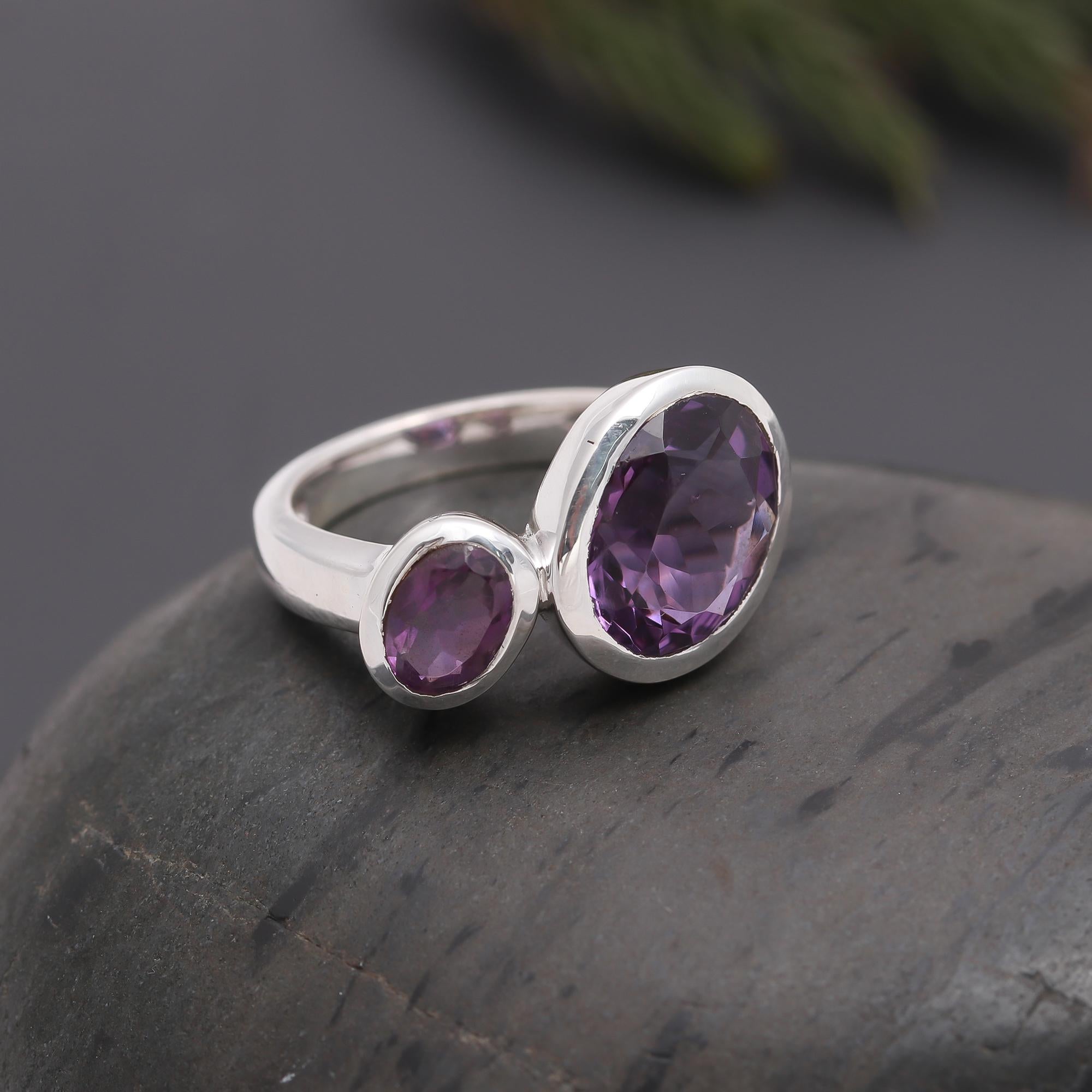 925 Silver Double Amethyst Ring