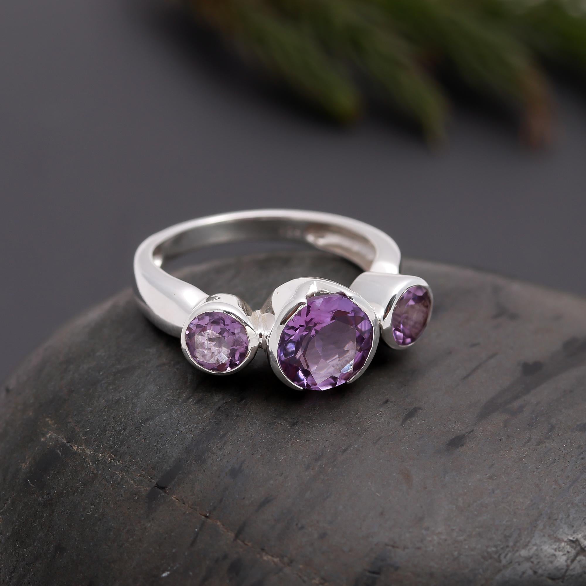 925 Silver Triple Amethyst Ring