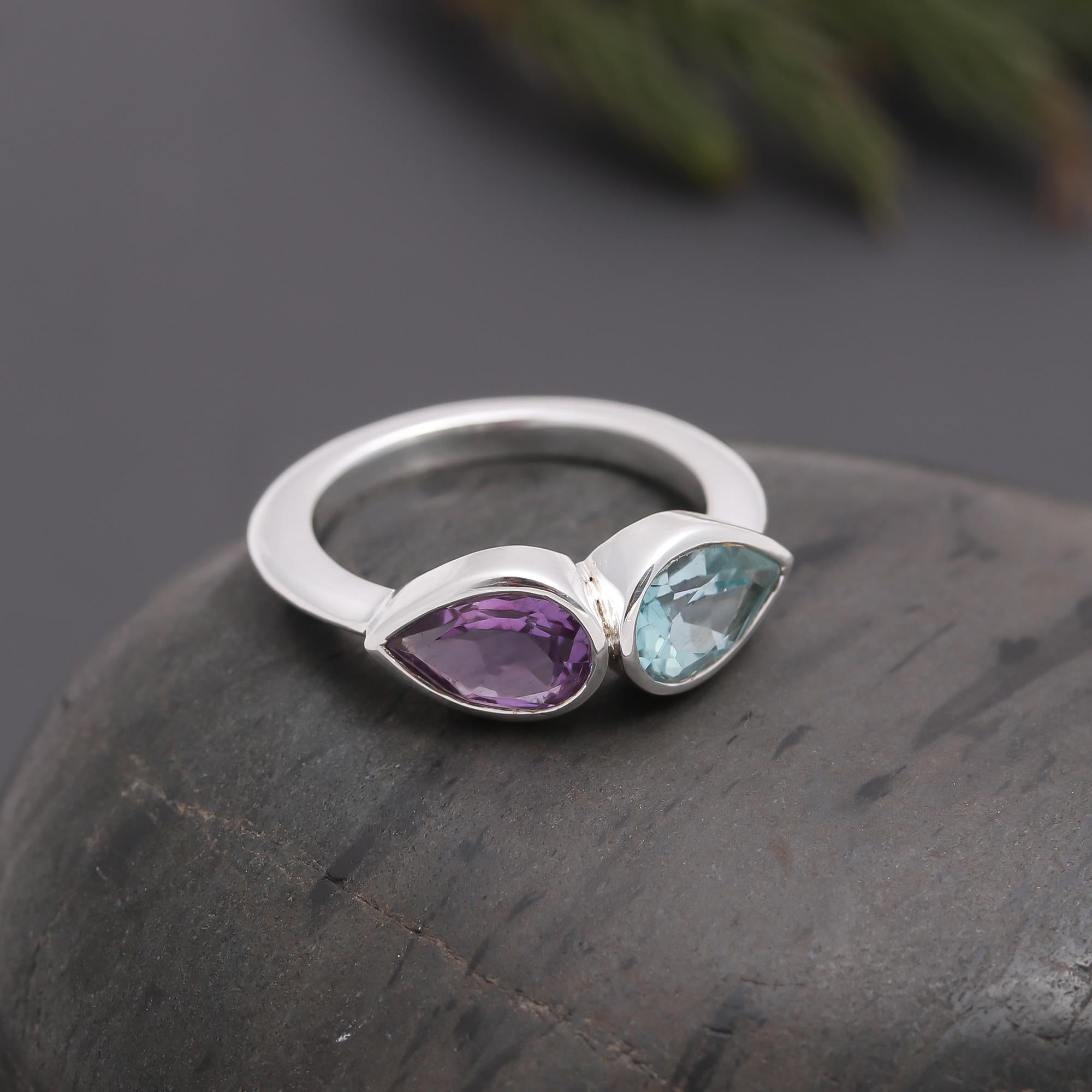 925 Silver Amethyst and Aquamarine Ring