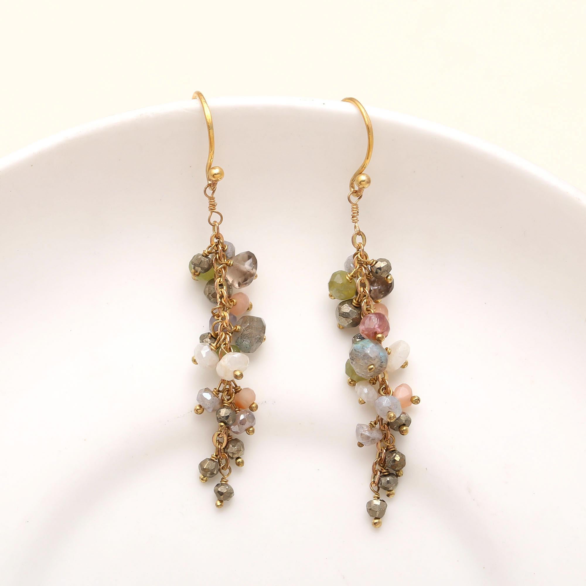 Brass Multi-Cluster Gemstone Dangle Earrings