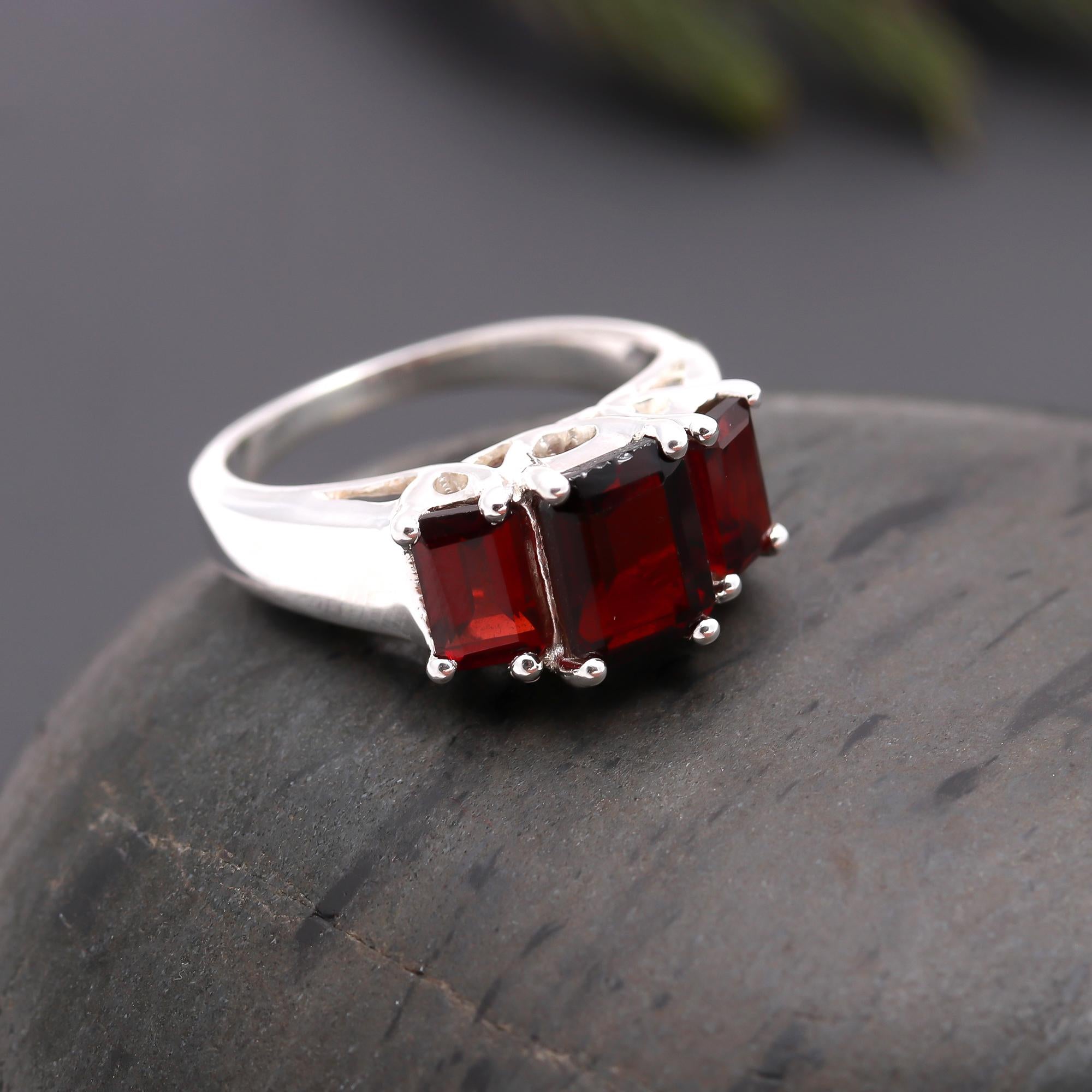 925 Silver Triple Emerald Cut Garnet Ring