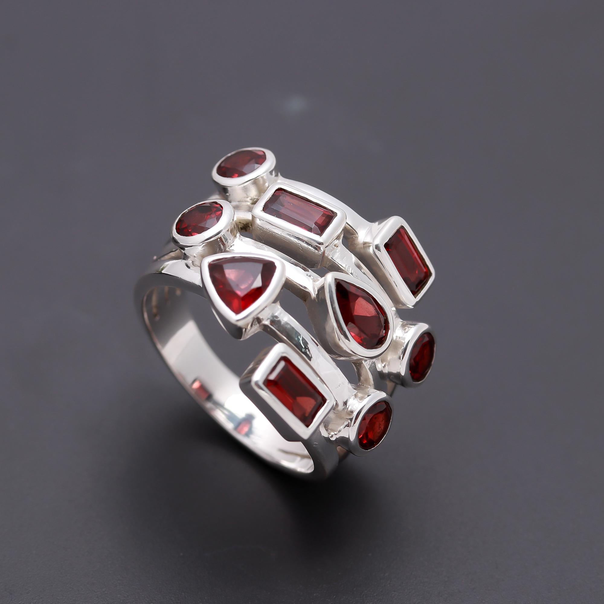925 Silver Multi Shape Garnet Ring