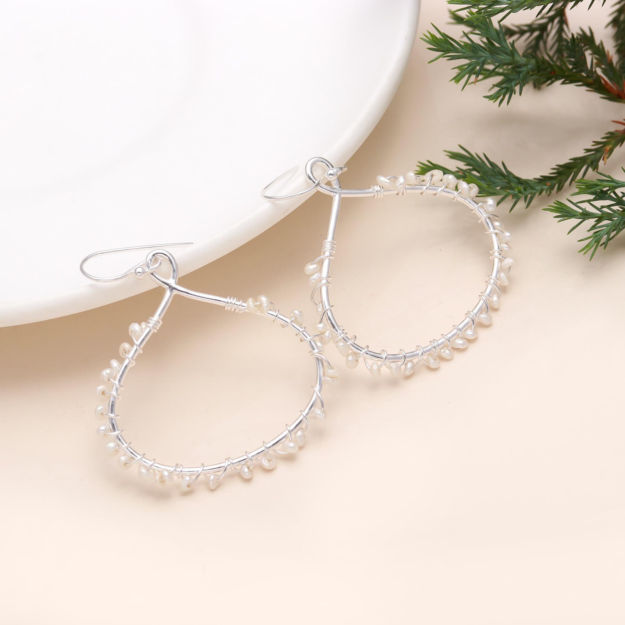 925 Sterling Silver Pearl Beaded Drop Hoop Earring