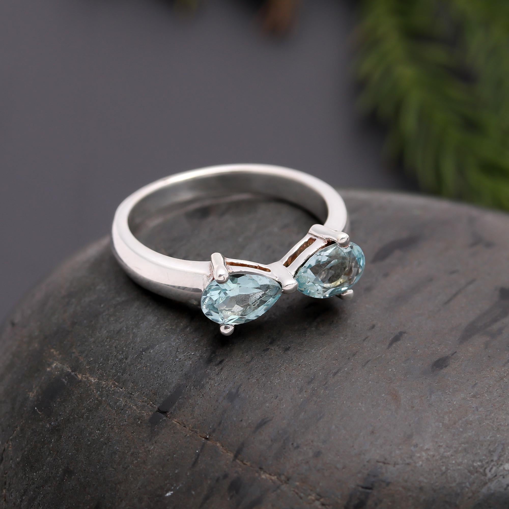 925 Silver Open Band Aquamarine Dual Stone Ring