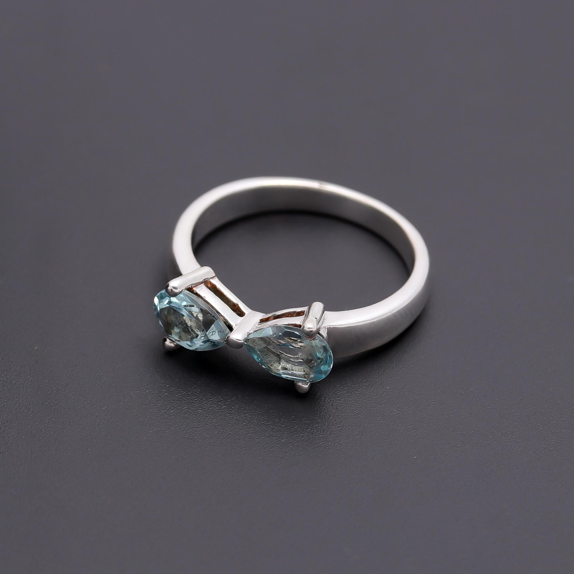 925 Silver Open Band Aquamarine Dual Stone Ring