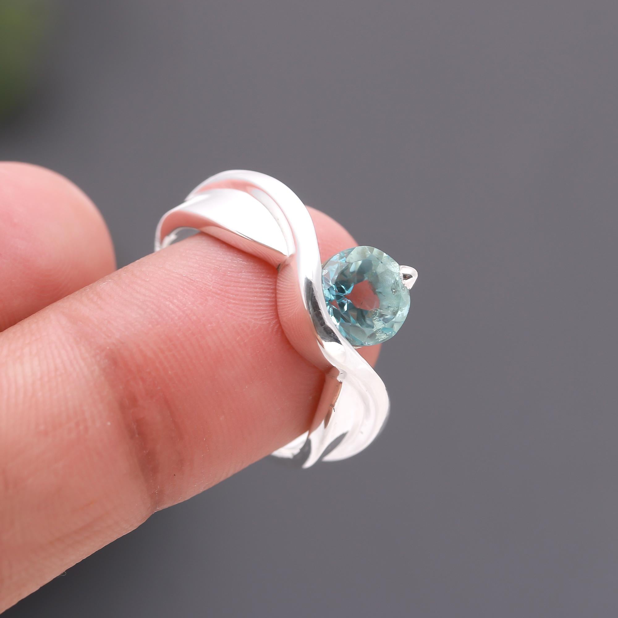 925 Silver Round Aquamarine Ring