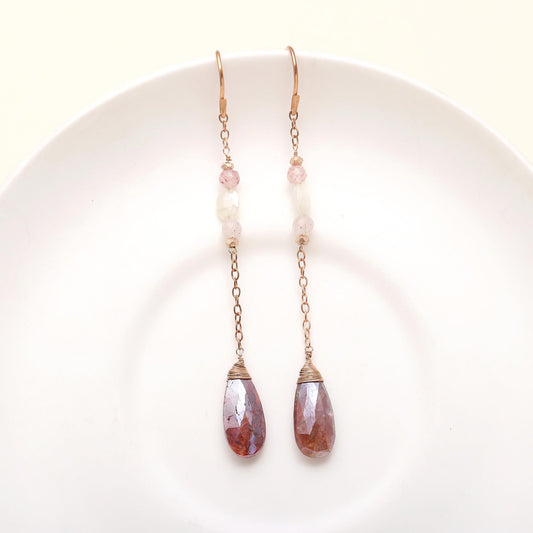 Designer Brass Chain Earrings with Strawberry Quartz and Silverite