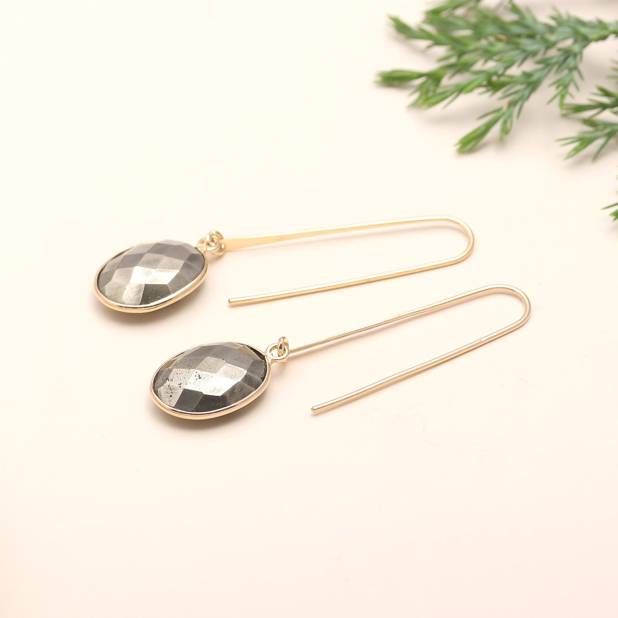Designer Brass Olive Green Pyrite Drop Earrings