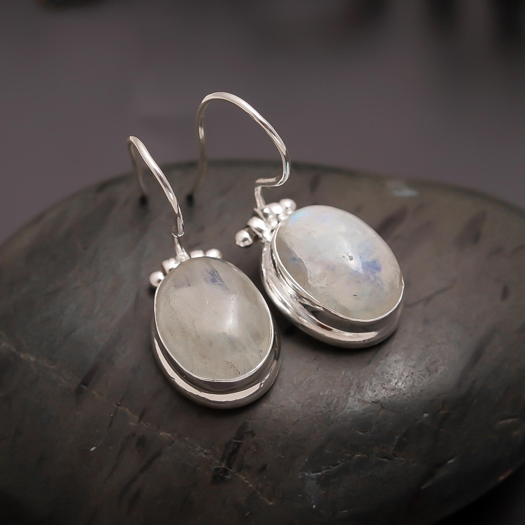 925 Silver Oval Moonstone Drop Earrings