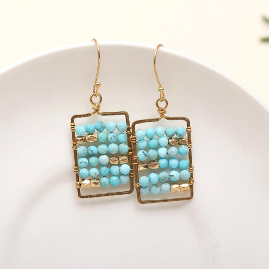 Turquoise Dangle Earrings with Abacus Drops Hypoallergenic Brass