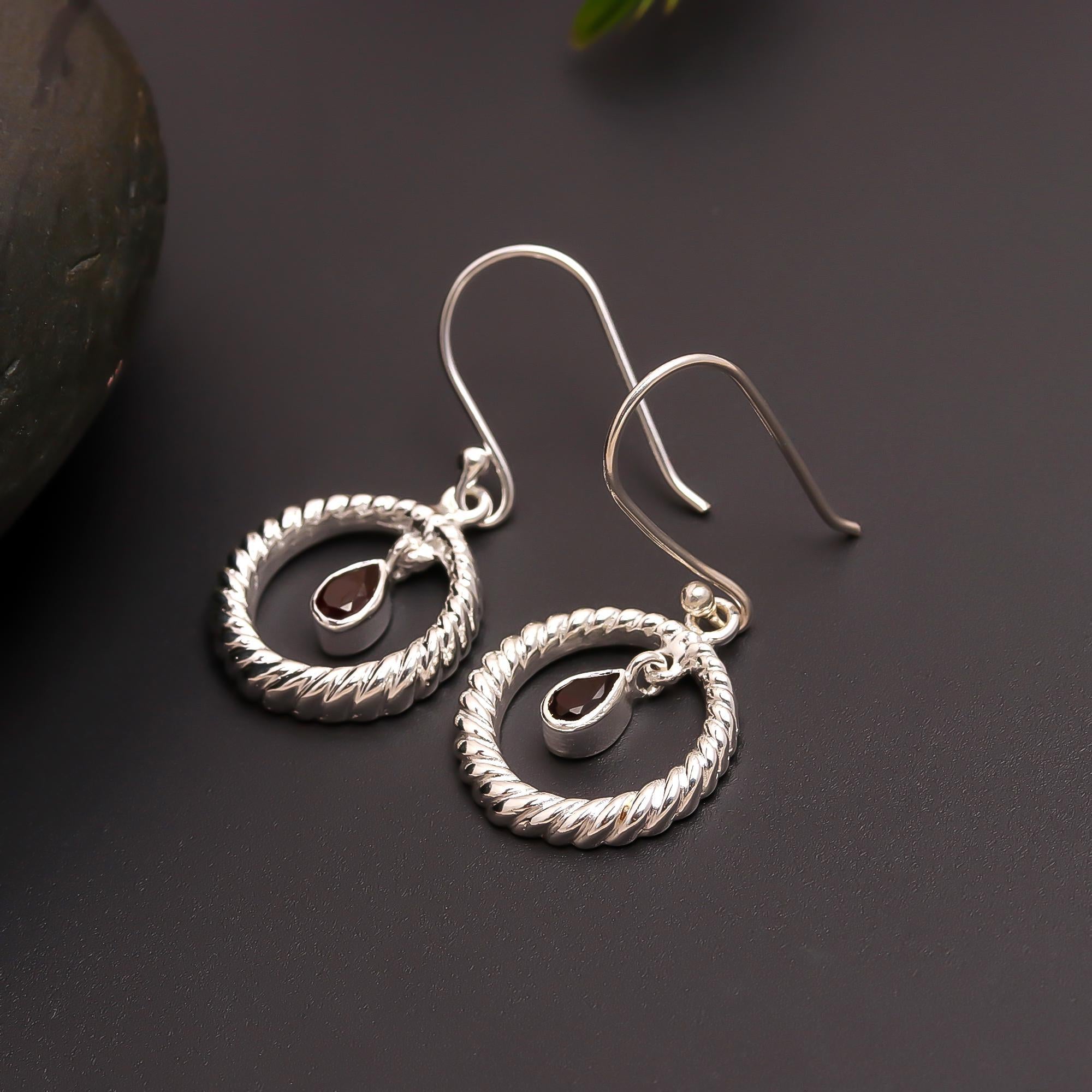 925 Silver Twisted Hoop Garnet Drop Earrings