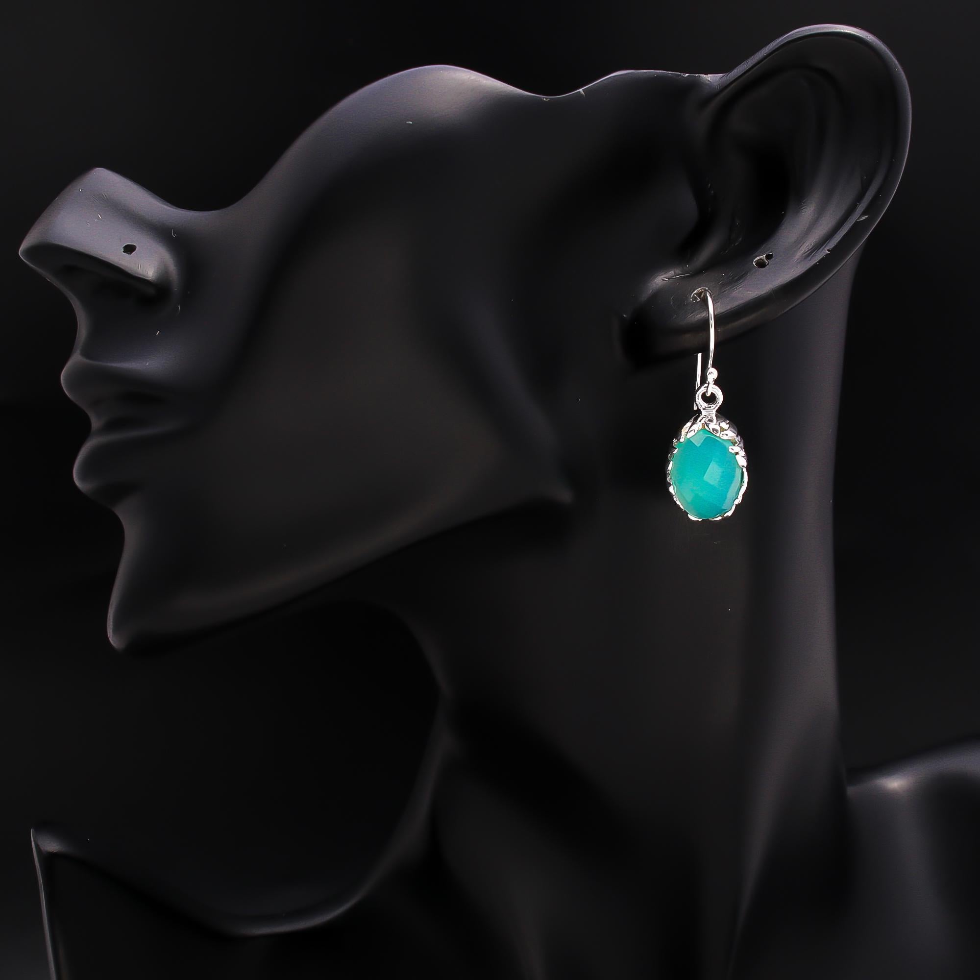 925 Silver Green Chalcedony Oval Drop Earrings