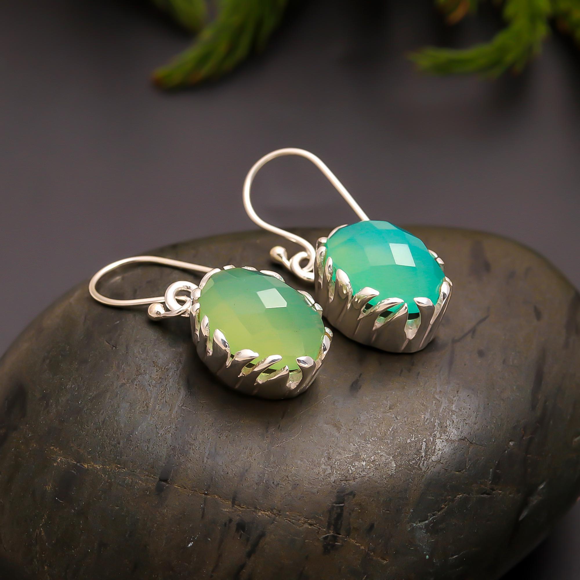 925 Silver Green Chalcedony Oval Drop Earrings
