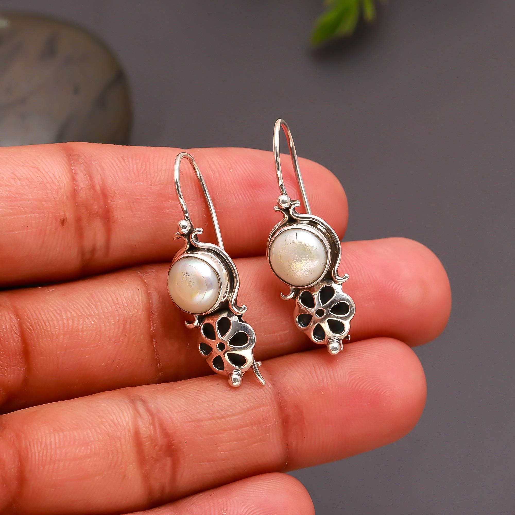 925 Silver Floral Pearl Dangle Earrings