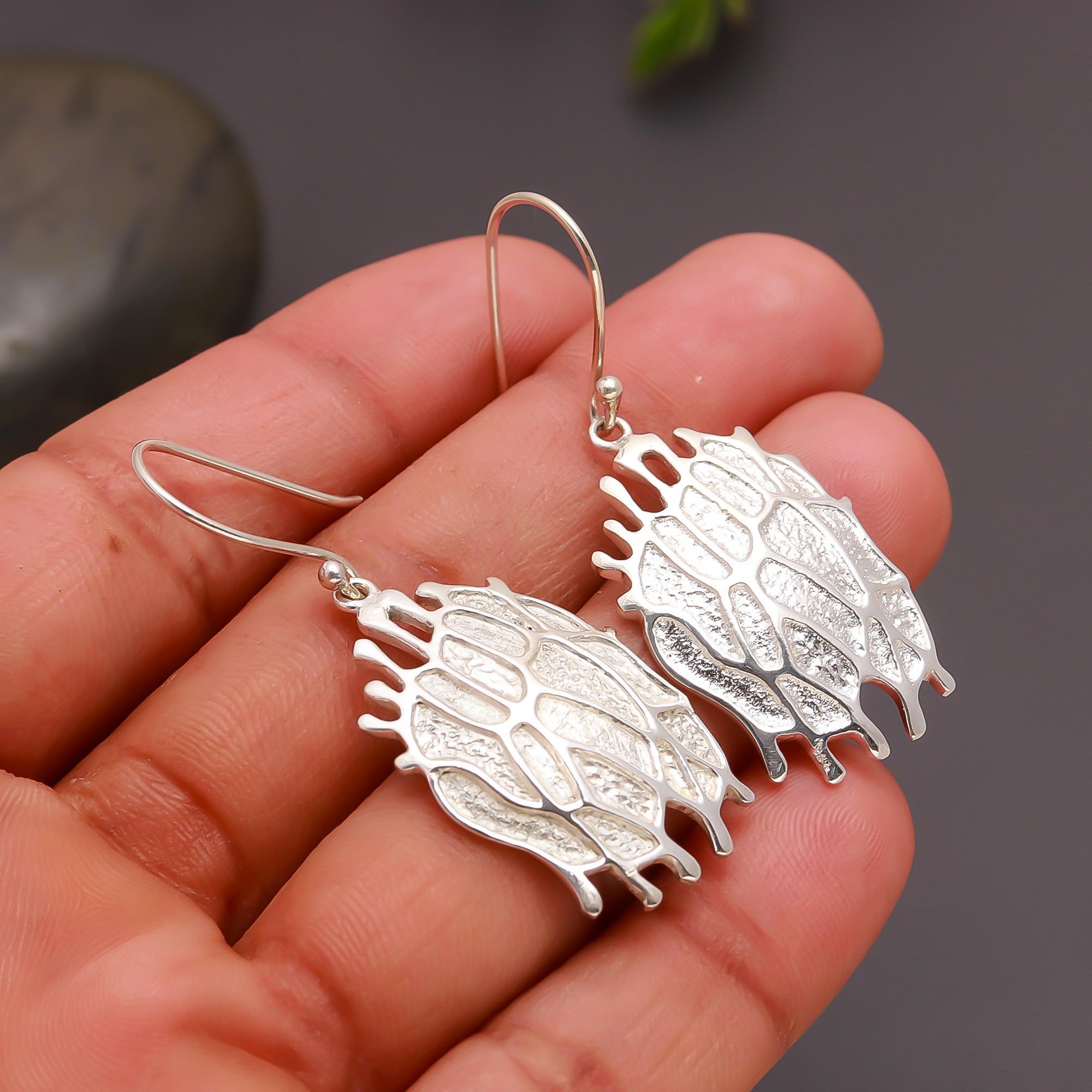925 Silver Textured Leaf Vein Drop Earrings