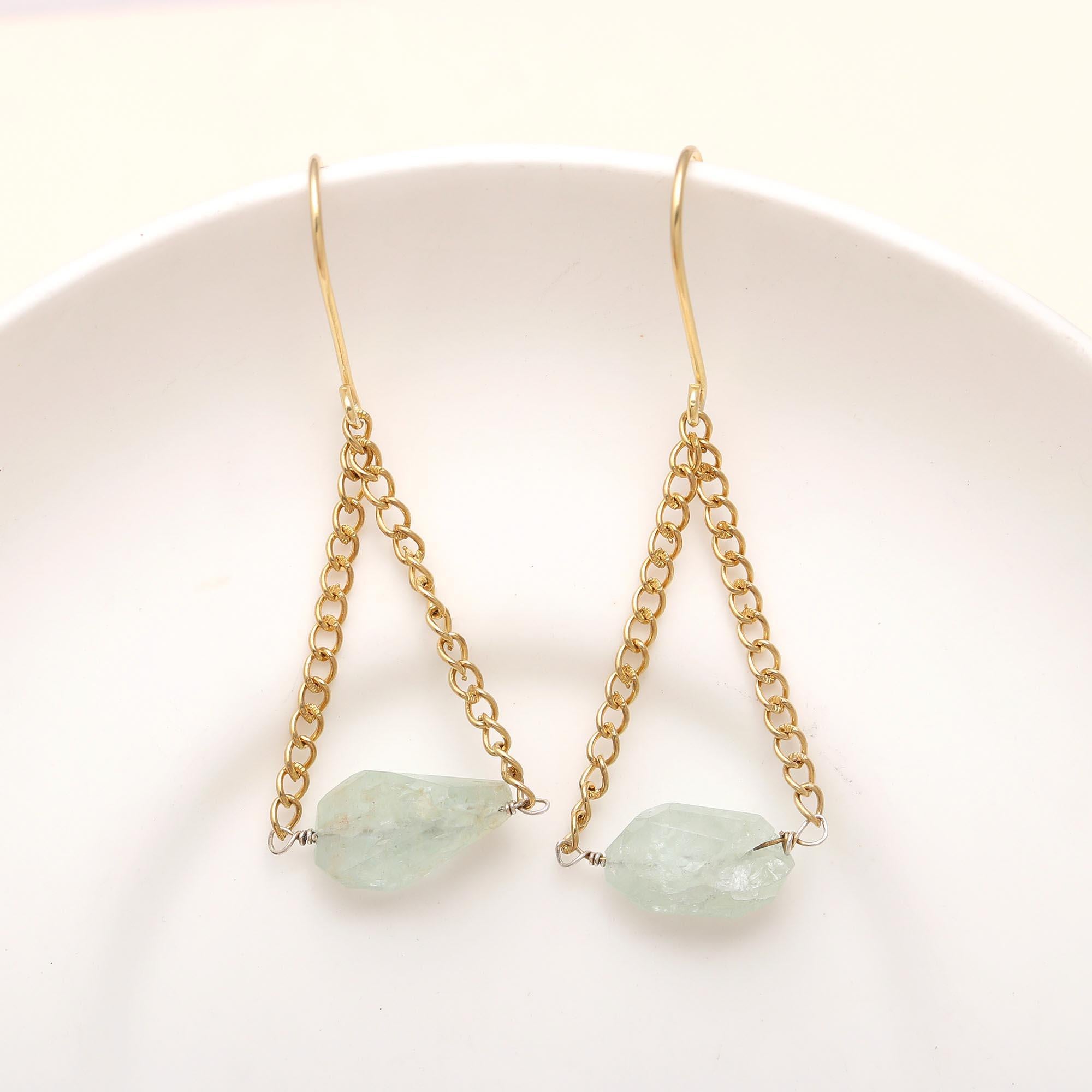 Hypoallergenic Brass Aquamarine Chain Drop Earrings