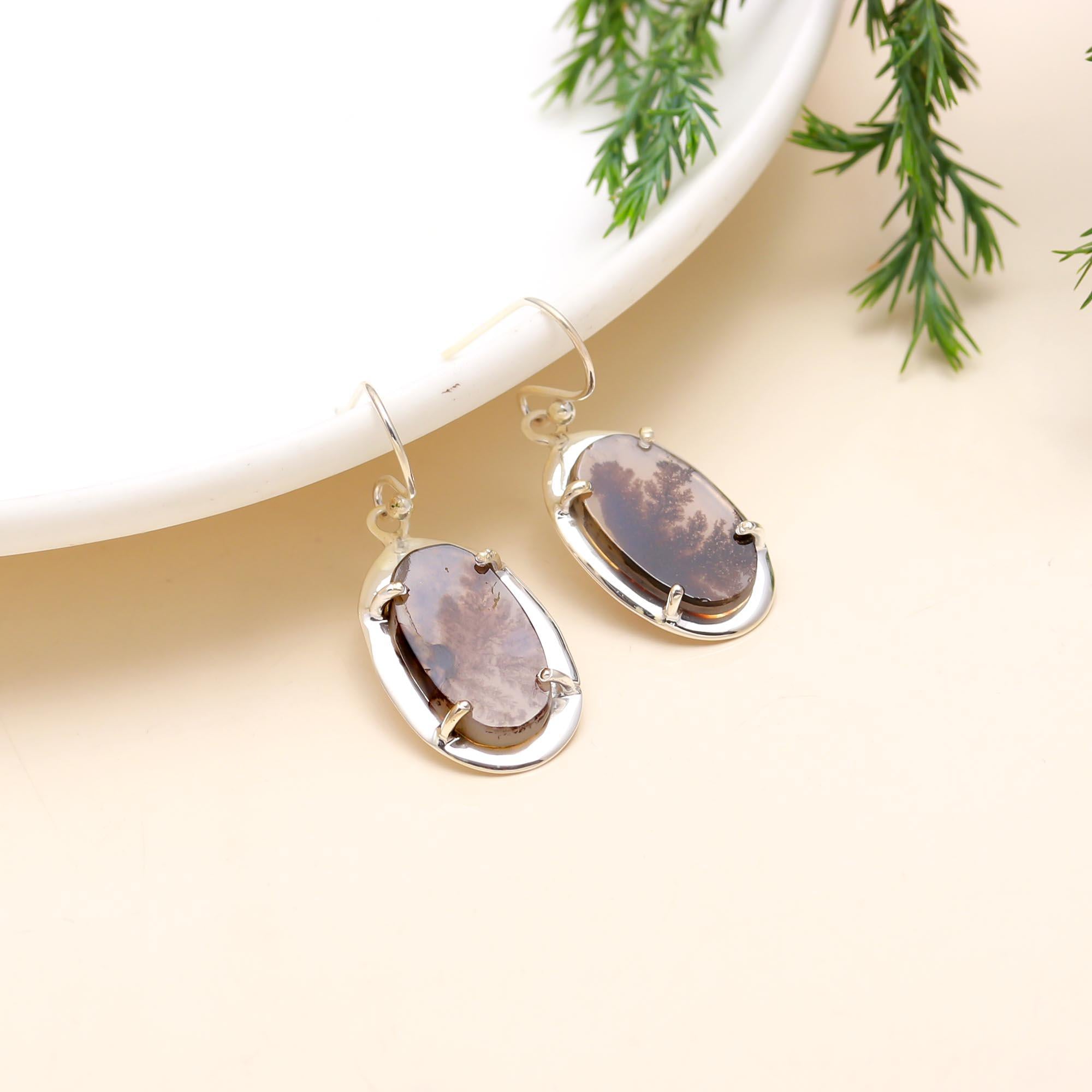 925 Sterling Silver Scenic Dendrite Agate Dangle Earrings