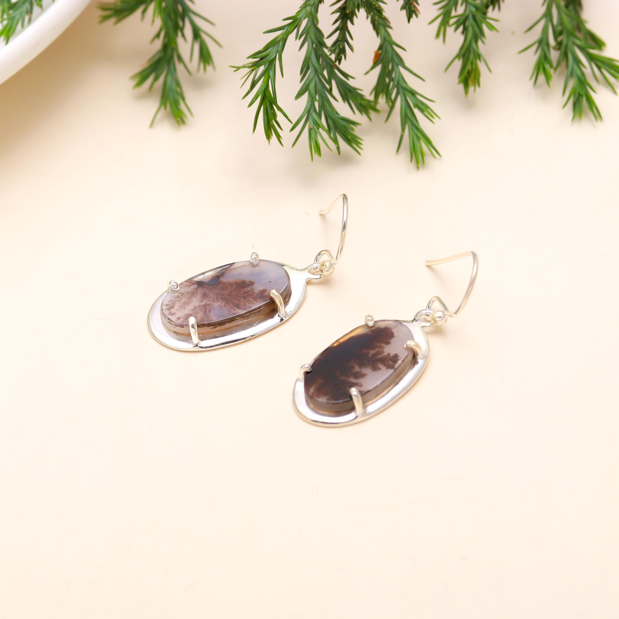 925 Sterling Silver Scenic Dendrite Agate Dangle Earrings