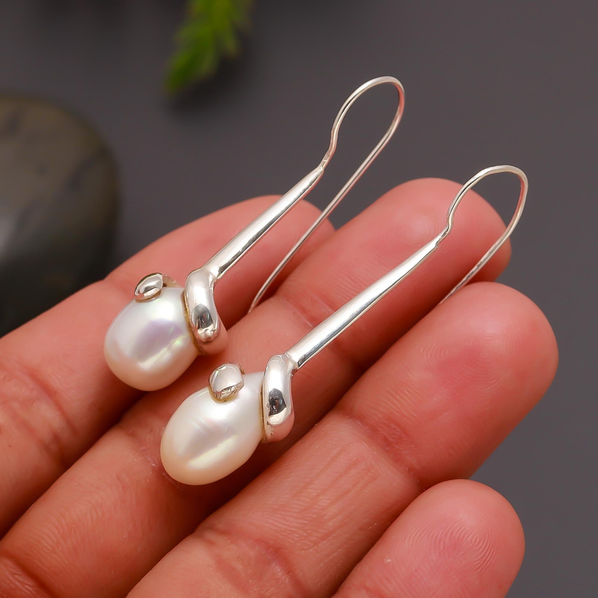 925 Silver Long Drop Pearl Earrings