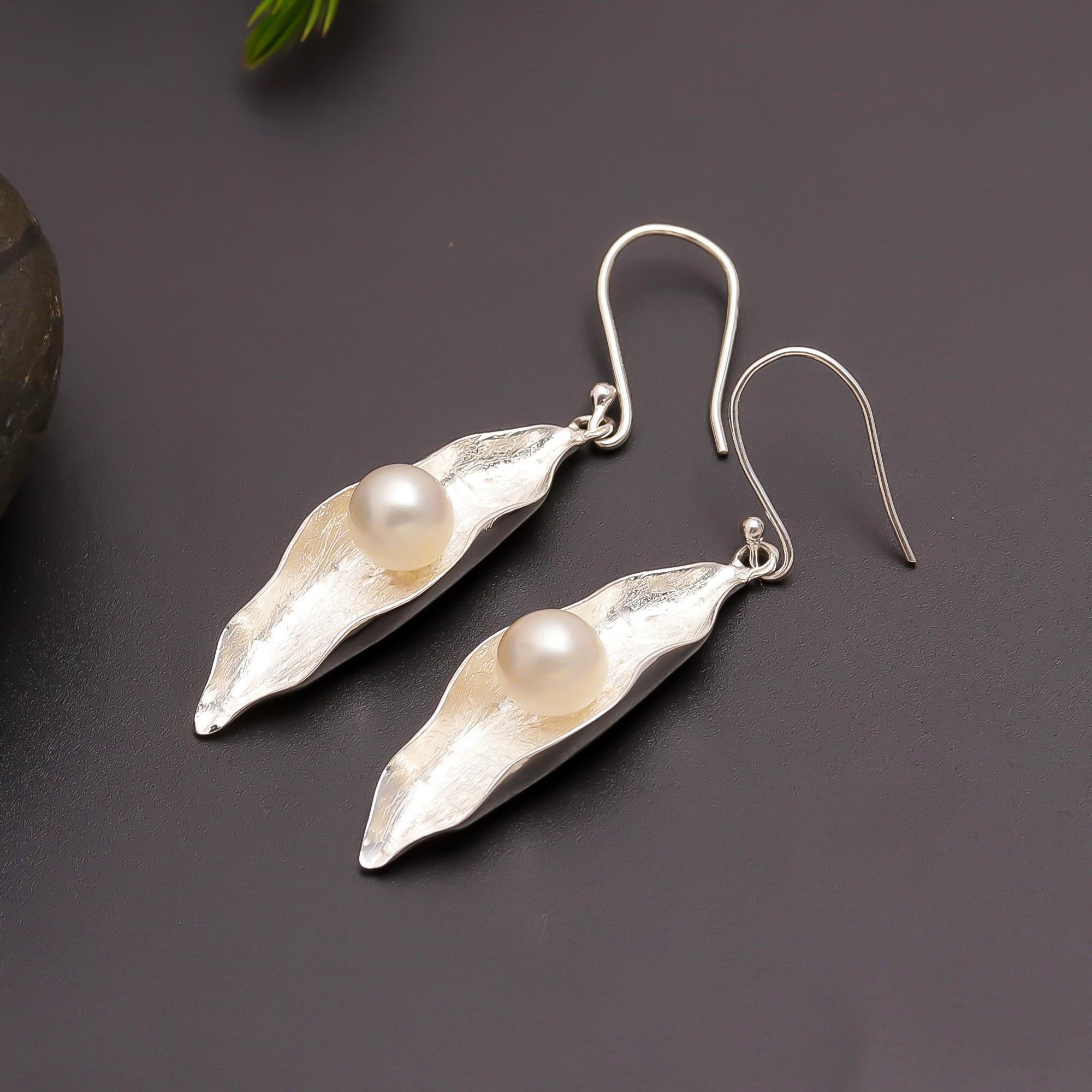 925 Silver Leaf Pod Pearl Drop Earrings