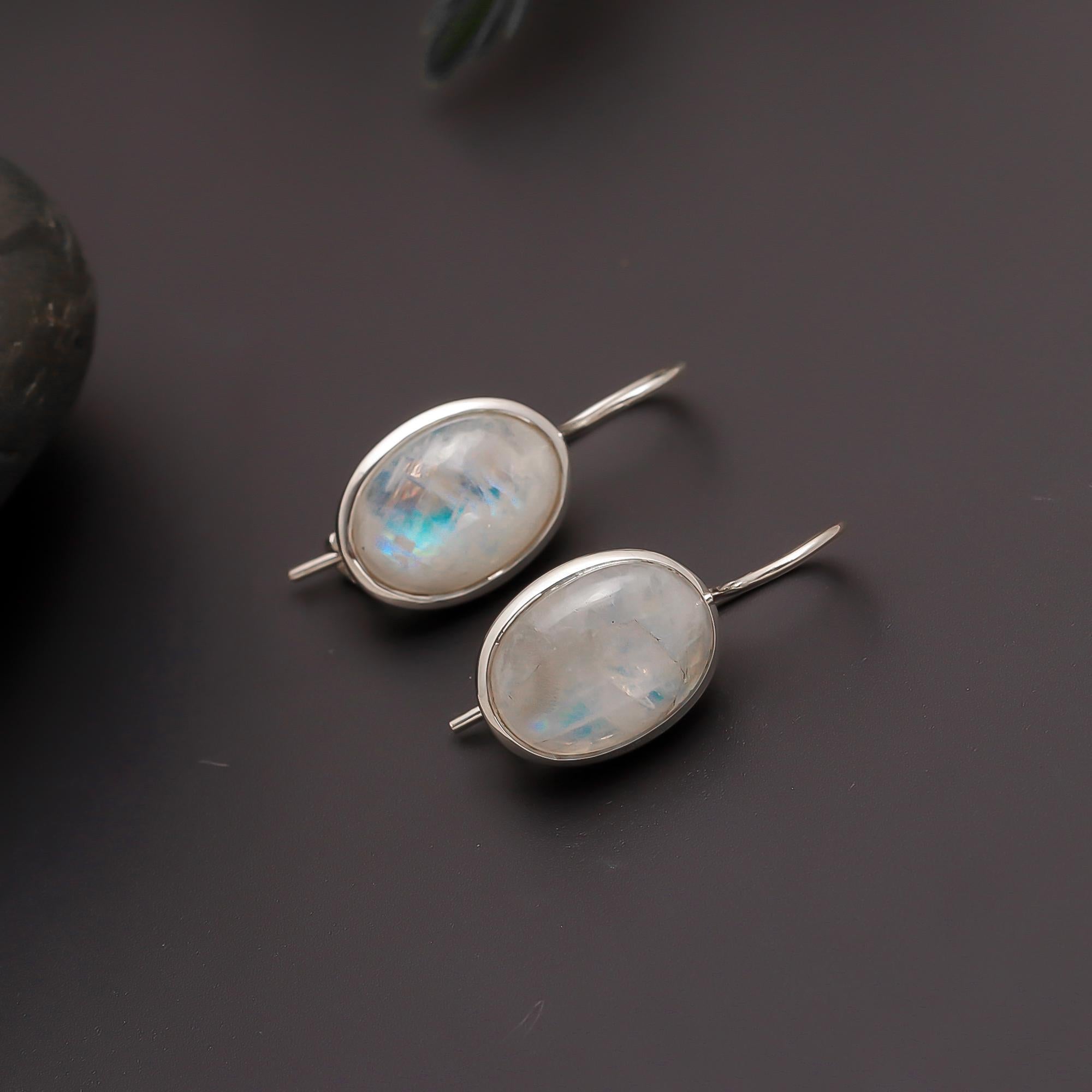 925 Silver Oval Rainbow Moonstone Earrings