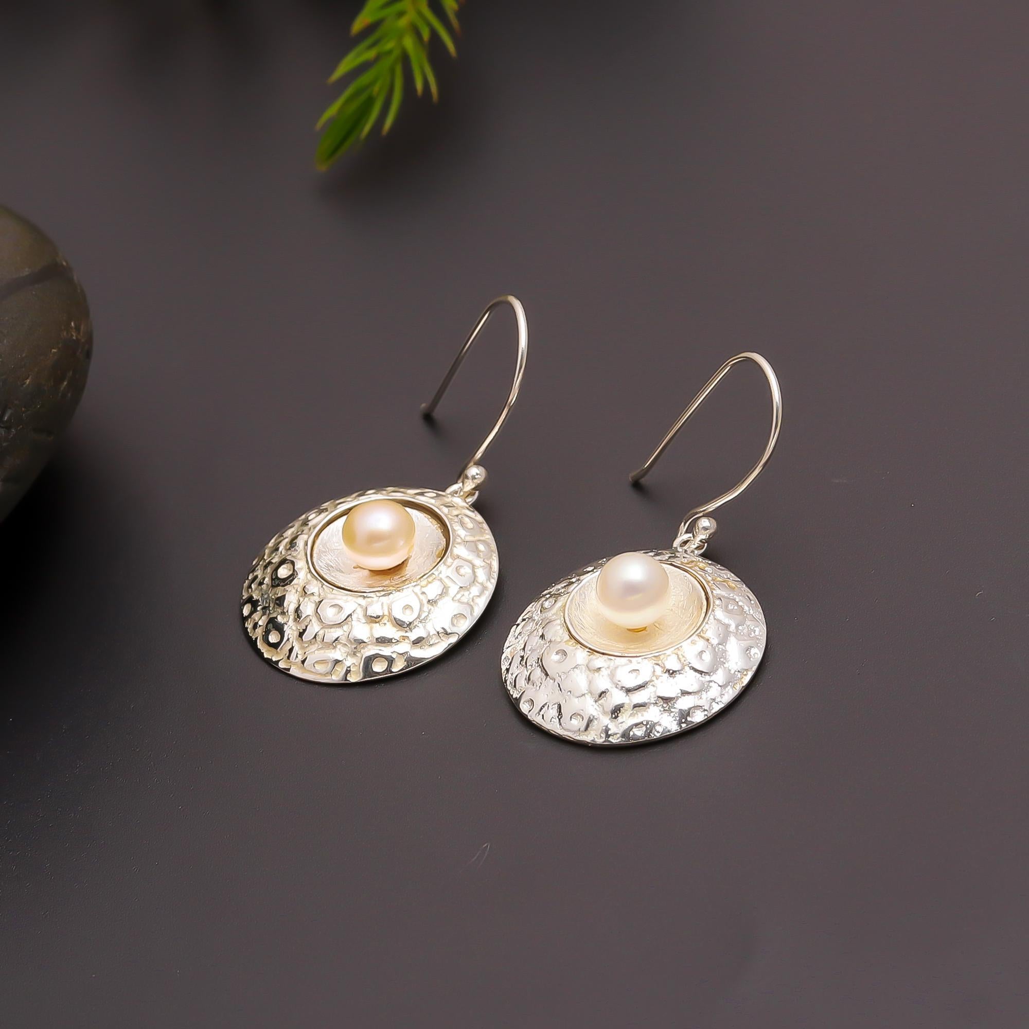 925 Silver Textured Disc Pearl Dangle Earrings