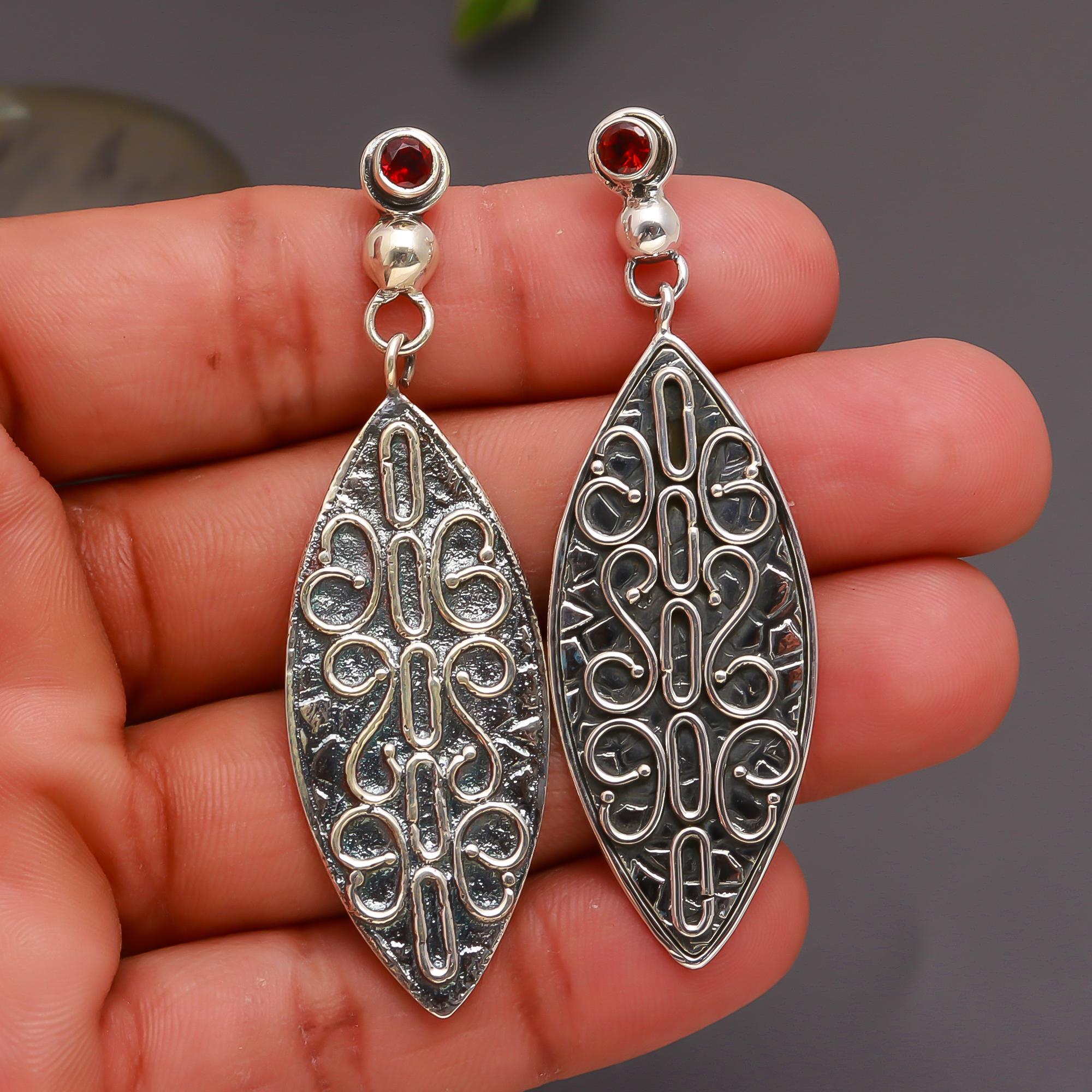 925 Silver Filigree Teardrop Garnet Drop Earrings