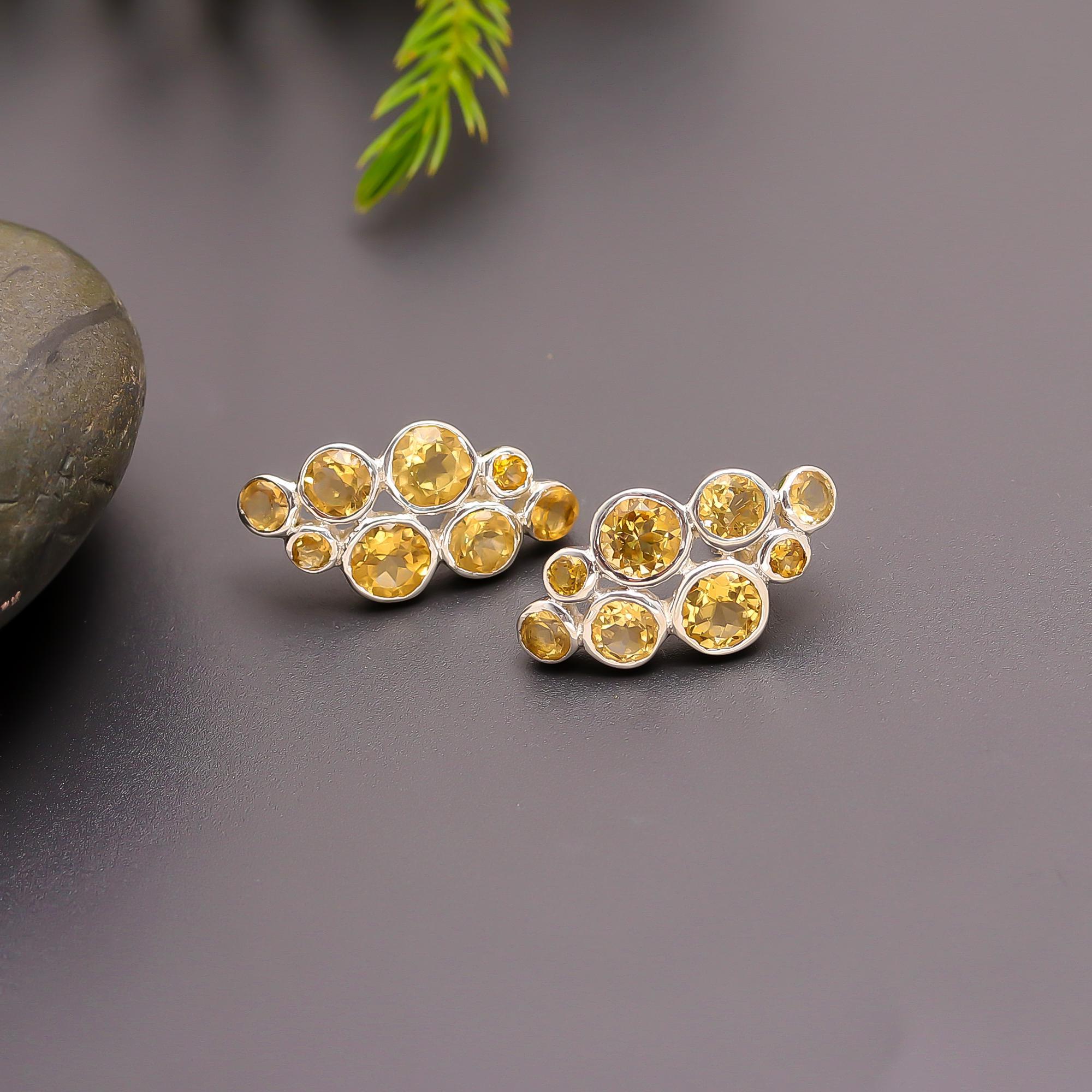 925 Silver Cluster Citrine Stud Earrings