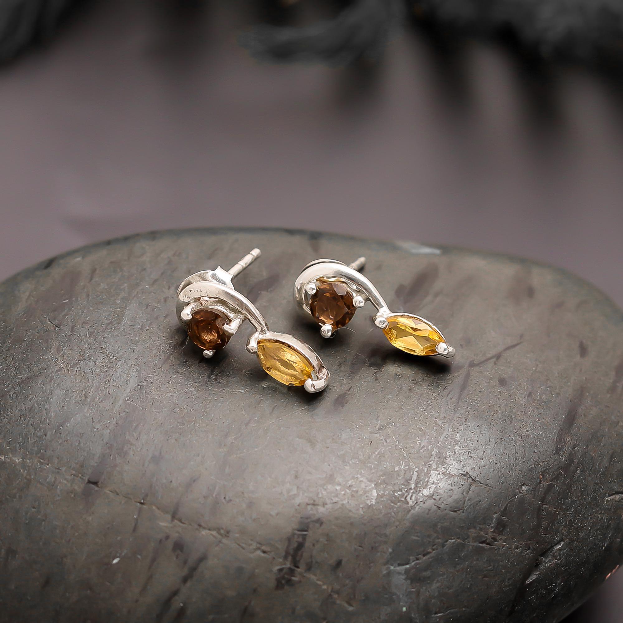 925 Silver Two-Tone Smoky Quartz & Citrine Studs Earrings